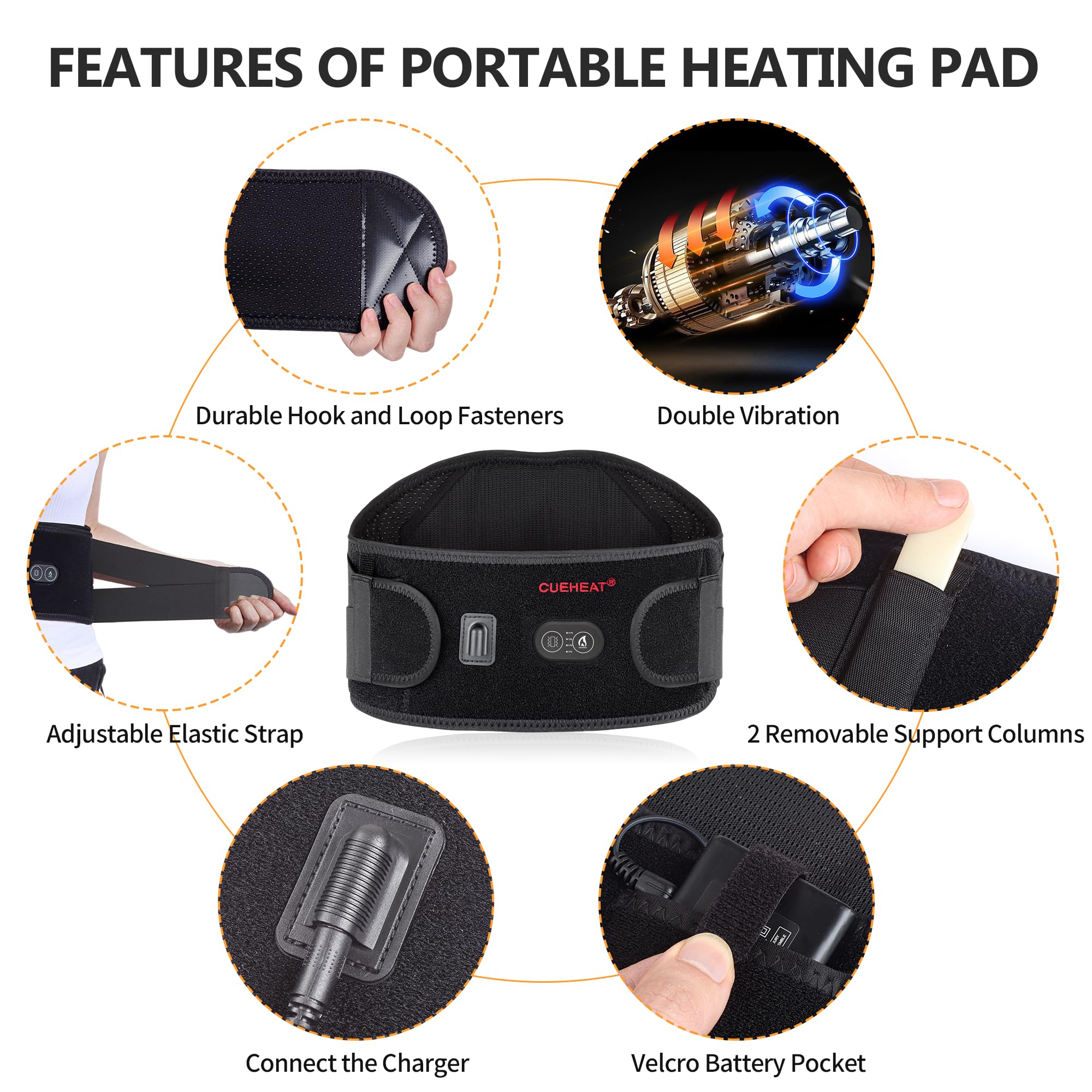 Cueheat Heated Waist Belt, Cordless Heating Pad For Low Back, Electrical Heating And Massage, Rechargeable Battery Powered (Dark
