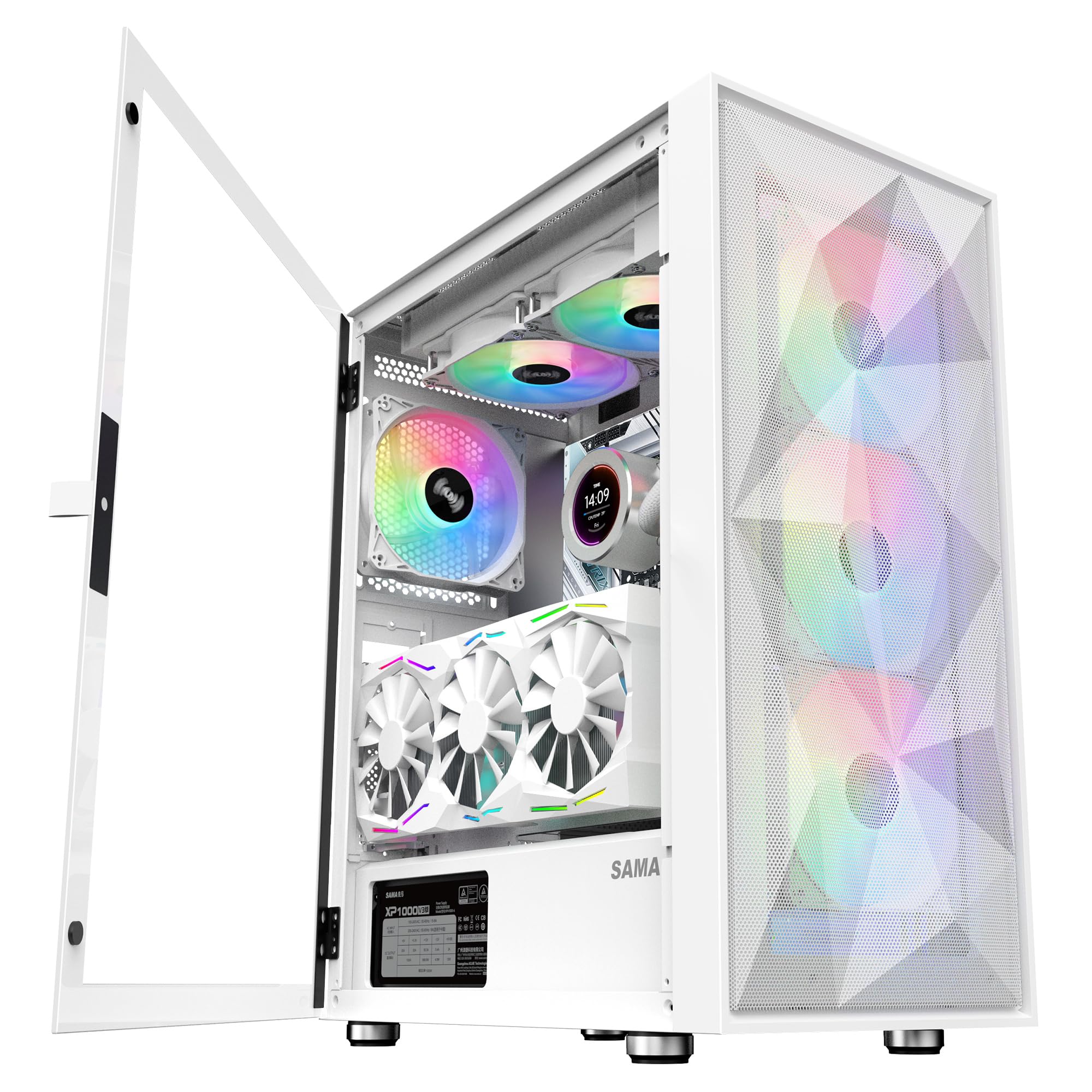 Sama 3509 Atx Mid Tower Computer Case Steel Mesh Front Tempered Glass With Open Door 4 Argb Fans Pre Install Usb3.0X2 360Mm Aio