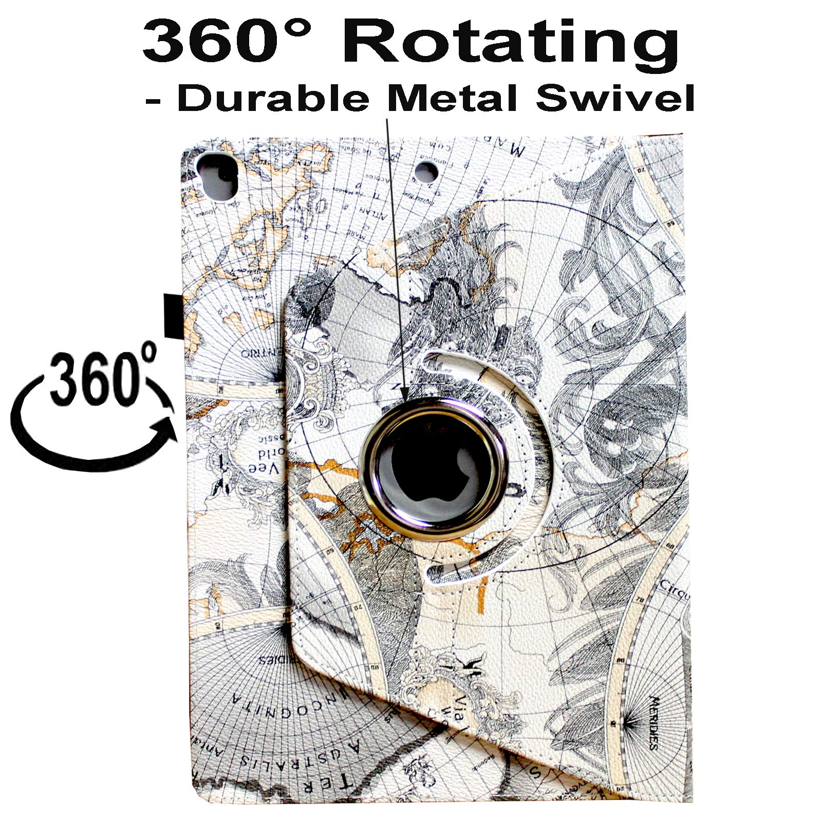 Jytrend Case For Ipad 9.7 (2018) 6Th/(2017) 5Th Generation, Ipad Air 1 (2013)/Air 2 (2014), 360 Rotating Multi Angle Viewing Stand Smart Cover With Pocket And Pen Holder, Auto Wake Up/Sleep (Map)