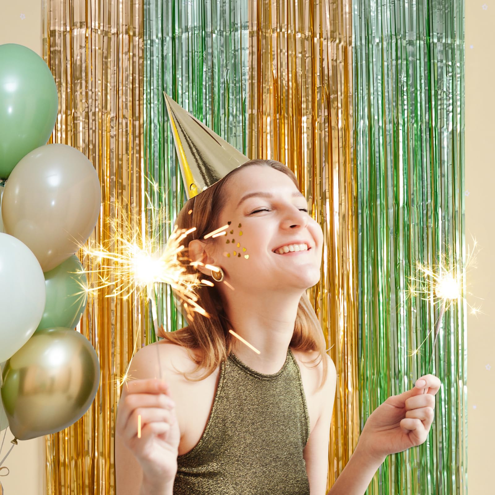 Lolstar 2 Pack Sage Green And Gold Party Decorations 3.3X6.6Ft Foil Fringe Curtains,Safari Green Baby Shower Decor Also Perfect