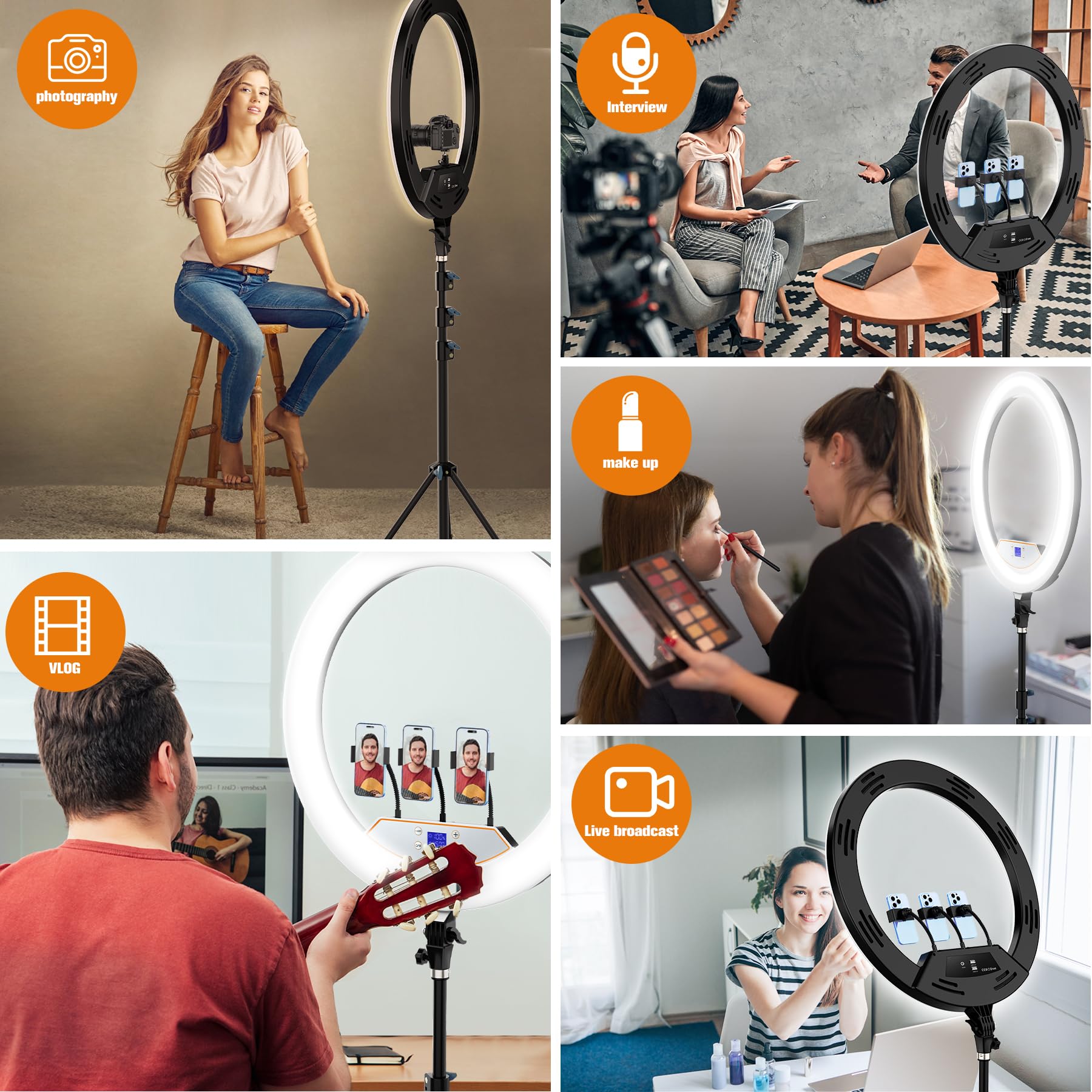 22'' Led Ring Light With Stand 75'' Tripod For Iphone,Lcd Display/3+1 Phone Clips/ 2 Usb Ports/Wireless Remote, Adjustable 2600K