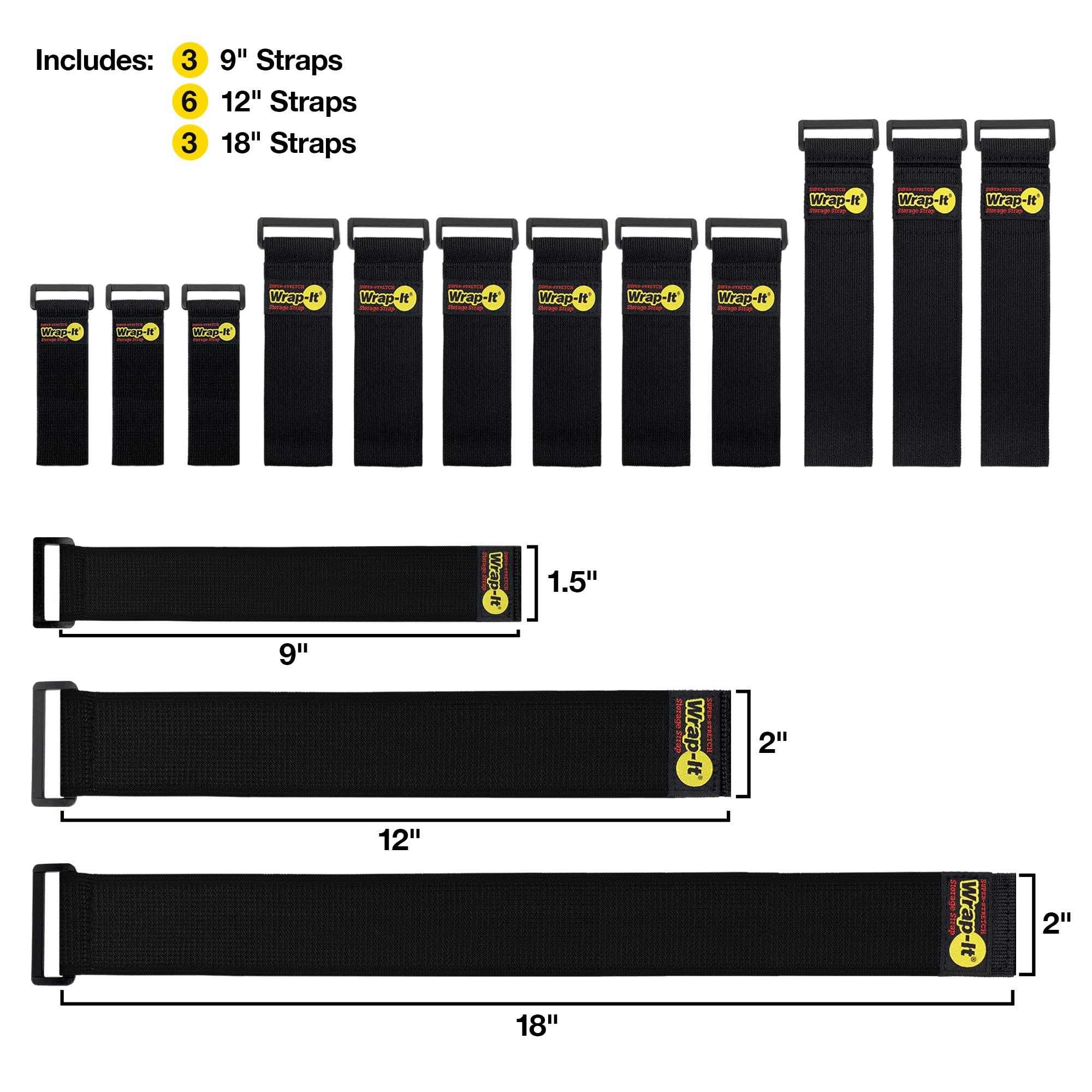Wrap-It Storage Super-Stretch Cinch Straps Assorted 12 Pack (9, 12, 18 inch) Nylon Black A712-928BL