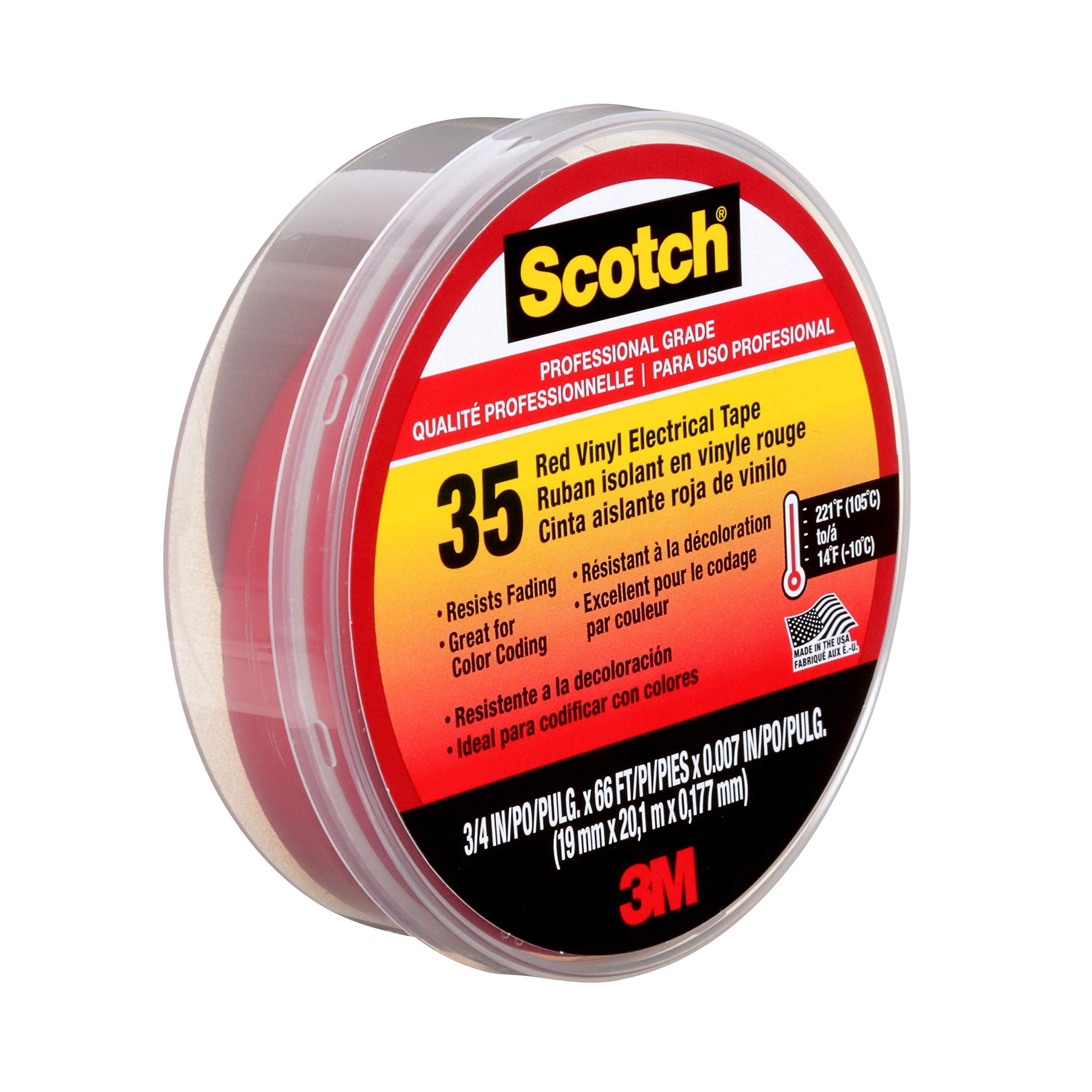 3M Scotch 35 Vinyl Electrical Color Coding Tape, 3'' Core, 0.75'' X 66 Ft, Red