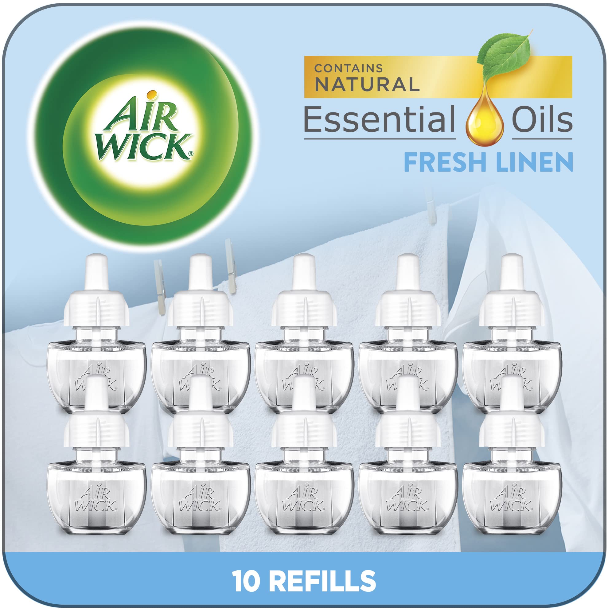 Air Wick Plug in Scented Oil Refill, 10ct, Fresh Linen, Air Freshener, Essential Oils, Eco Friendly Pack