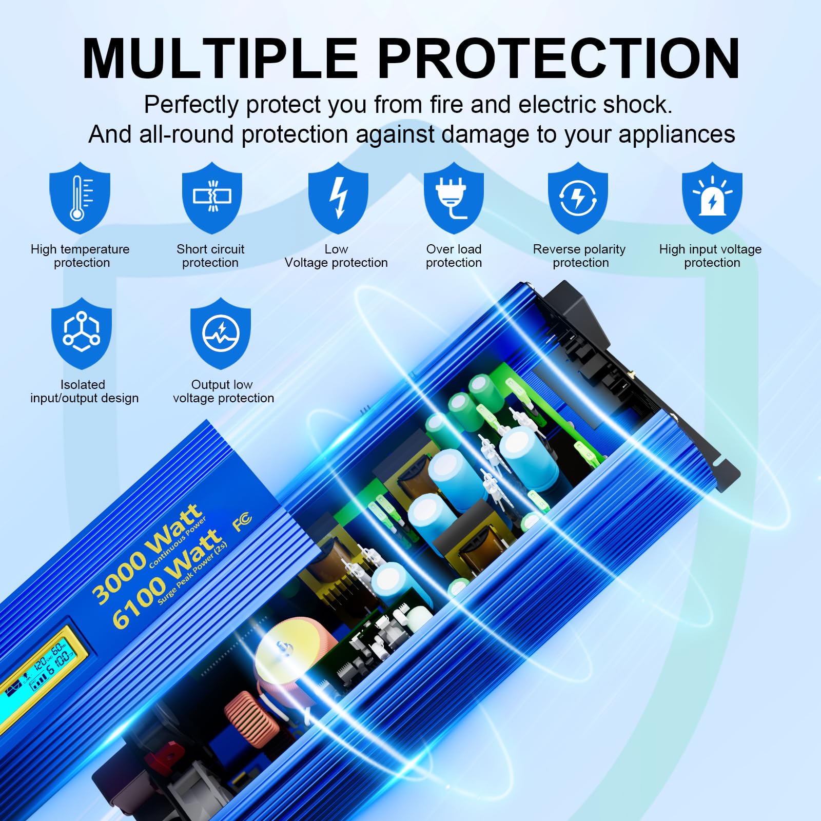 3000 Watt Pure Sine Wave Power Inverter 3000W 12V To 110V 120V Ac, 6000W Surge Peak Power For 2 Seconds, Ul Fuses, Compatible Wi