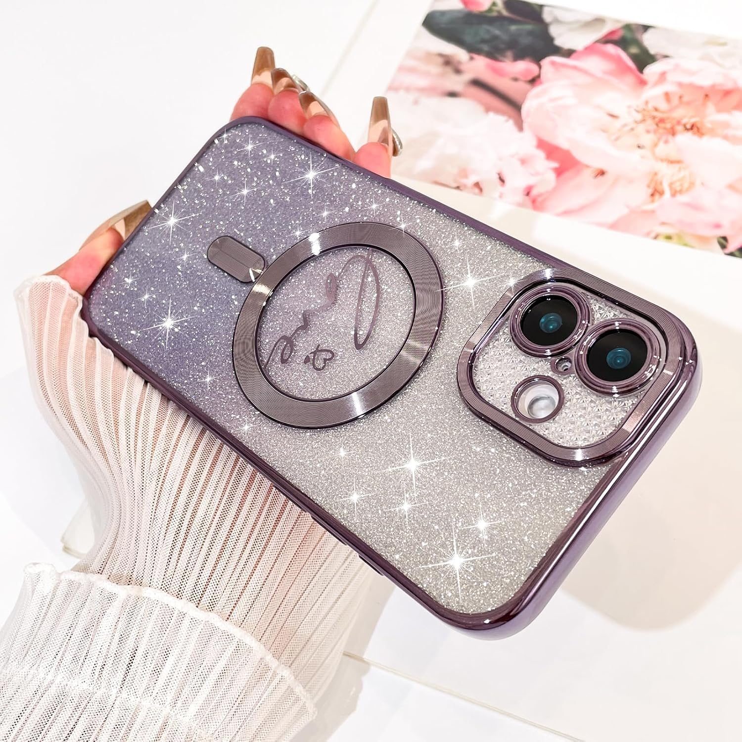 Fiyart Designed For Iphone 15 Case,Compatible With Magsafe Love Heart Plating Camera Protection Clear Phone Case, Magnetic Glitt