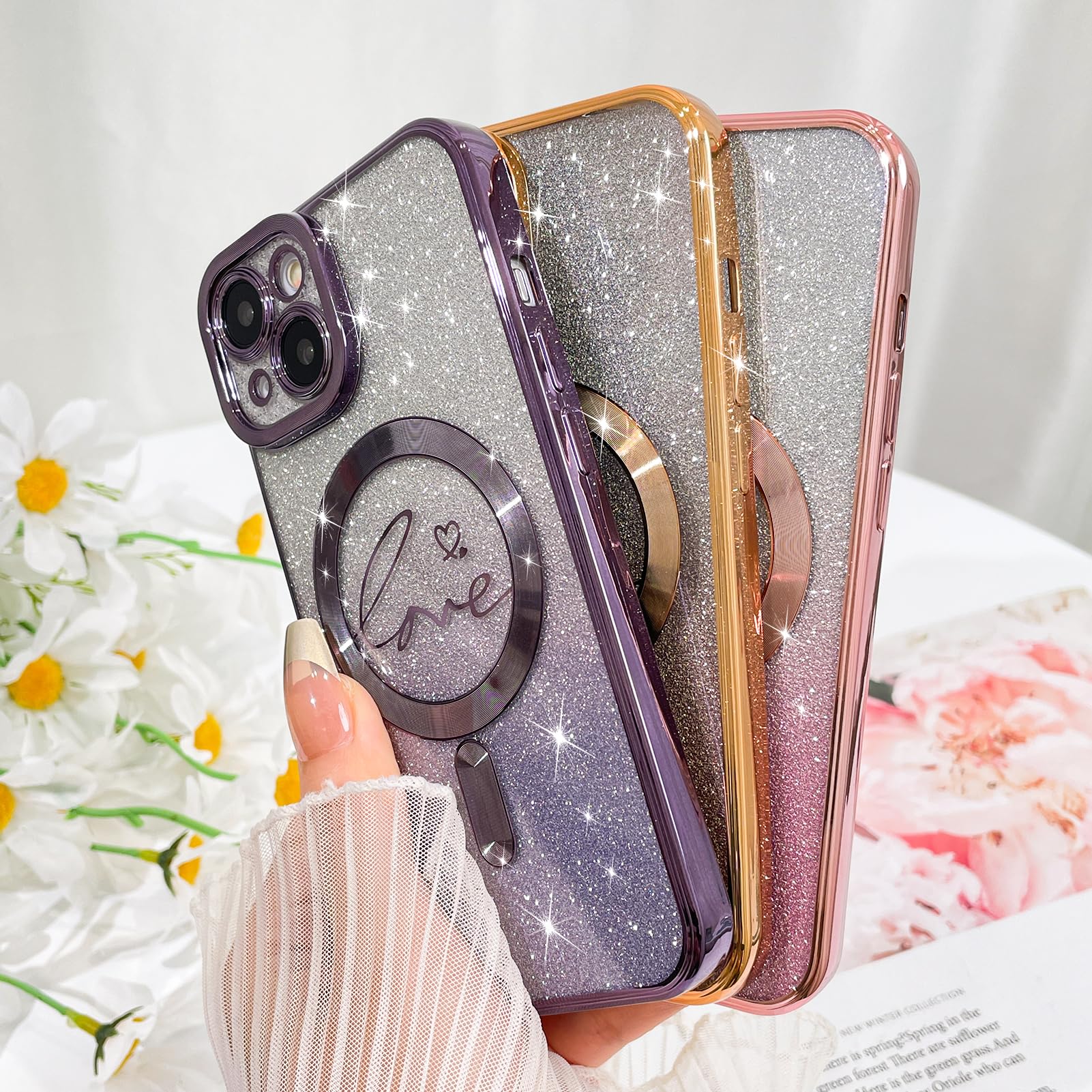 Fiyart Designed For Iphone 14 Plus Case,Compatible With Magsafe Love Heart Plating Camera Protection Clear Phone Case, Magnetic