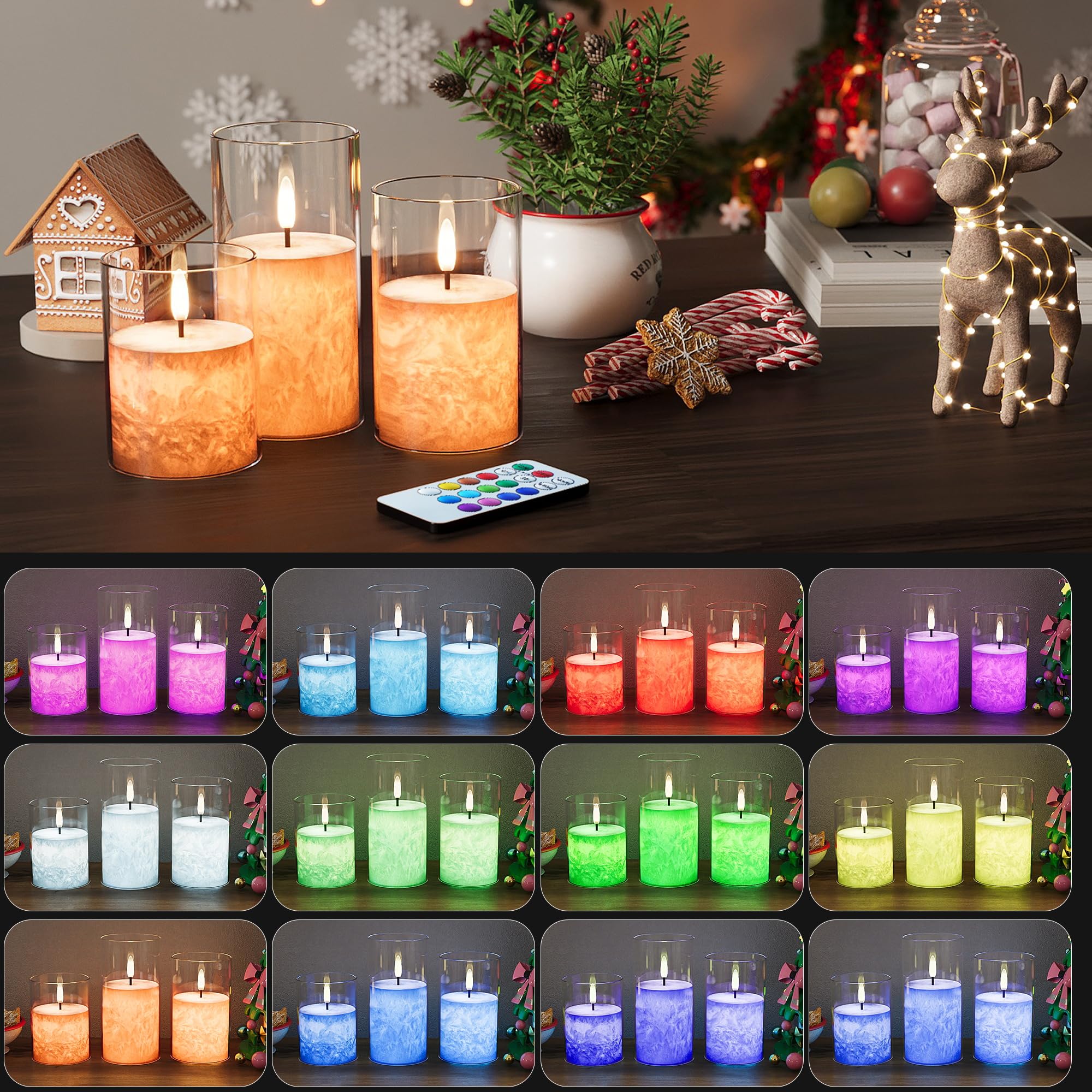 12Colors Flickering Flameless Candles With Remote & Timer, Real Wax Battery Operated Candles With Flickering Flame, Multi Color