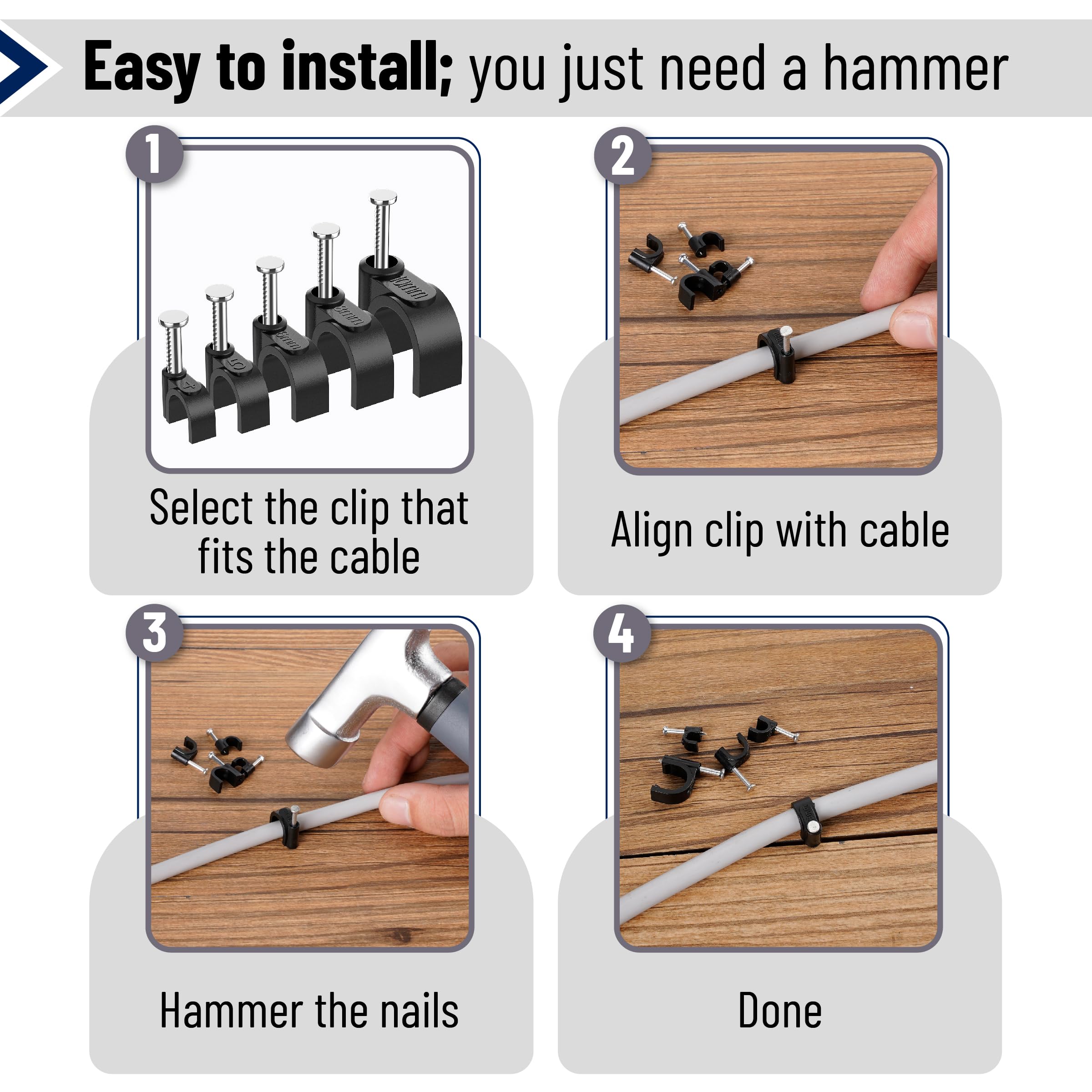 Bates  Cable Clips With Steel Nails, 360 Pcs, Black, 4Mm 5Mm 6Mm 8Mm 10Mm, Cord Clips For Wires On Wall, Cable Wall Clip, Wire W
