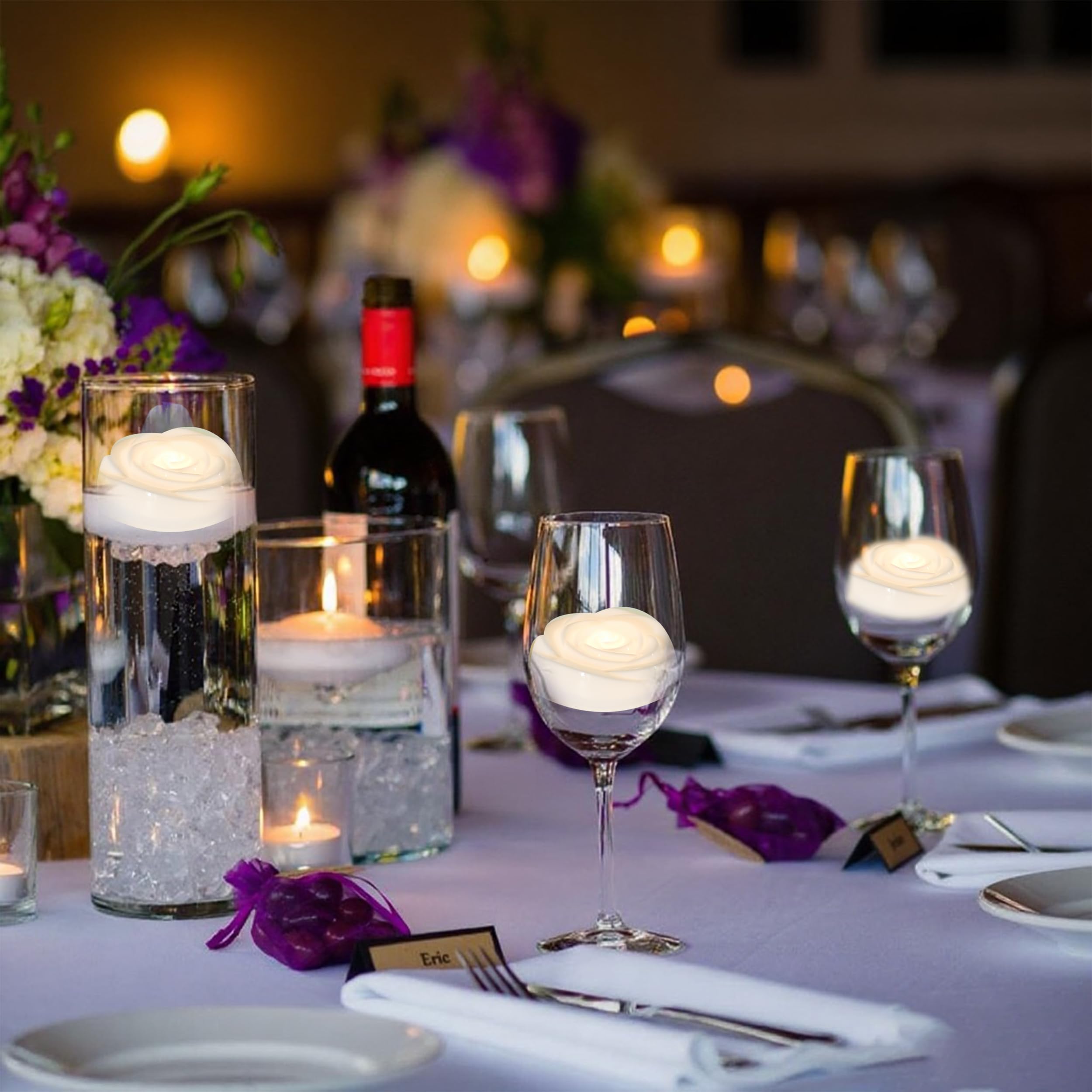 Aignis 6Pcs Flameless Led Floating Candles, White Rose Plastic Tealights Battery Operated, 120+ Hours Glow Time, Cozy Light For