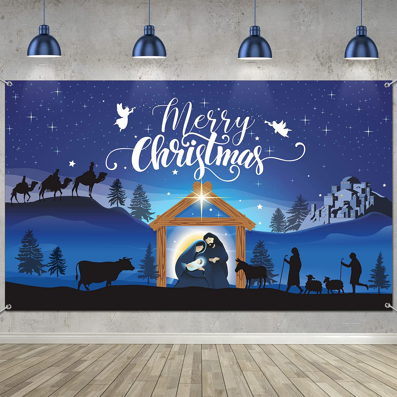 Merry Christmas Nativity Scene Banner   Large Blue Backdrop For Christmas Party Photography Booth   72.8 X 43.3 Inch