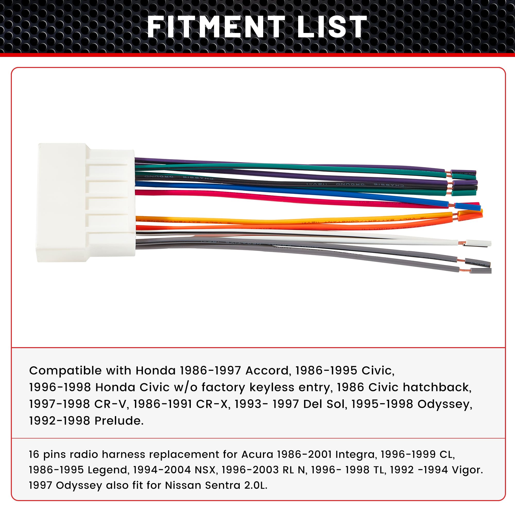 Red Wolf Radio Wiring Harness Adapter 16 Pin Connector Replacement For Honda Accord Civic Crv 1986 1998, Acura Integra Cl Rl 1986 2001 Vehicles Aftermarket Stereo Cable Plug