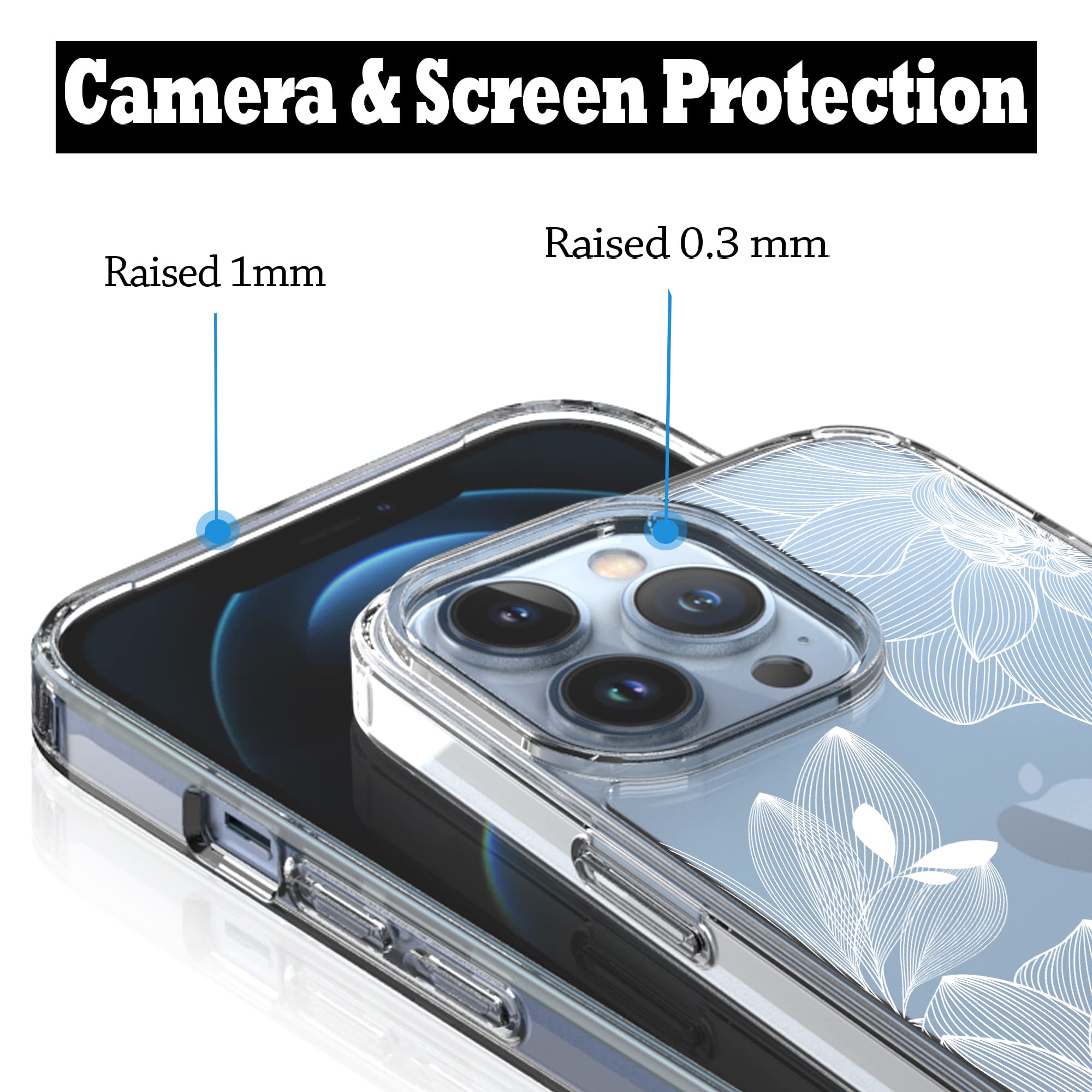 RANZ iPhone 13 Pro (6.1") Anti-Scratch Shockproof Clear Acrylic TPU Phone Case White Lace Chrysanthemum