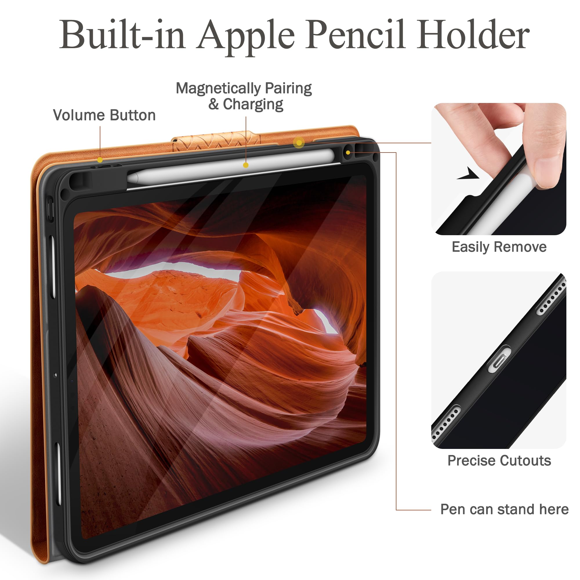 Auaua Case For Ipad Pro 13 Inch (M4) 2024, Pu Leather Case With Pencil Holder, Supports Pencil Pro And Pencil(Usb C), Adjustable