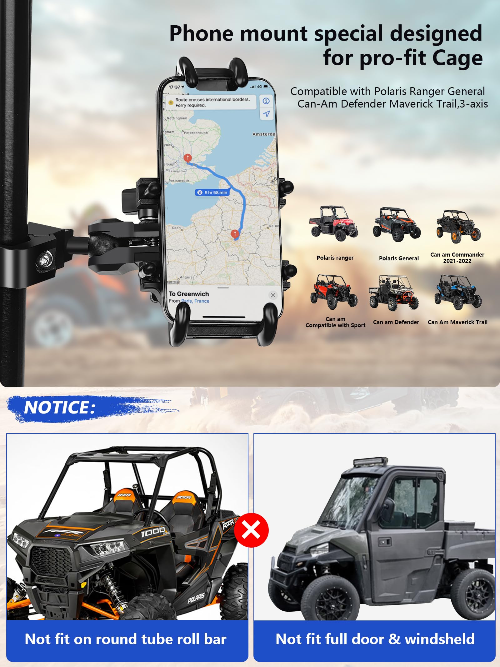 Zidiyoruo Polaris Ranger Phone Mount, Heavy Duty Utv Phone Holder Compatible With Polaris Ranger General Can Am Defender Maveric