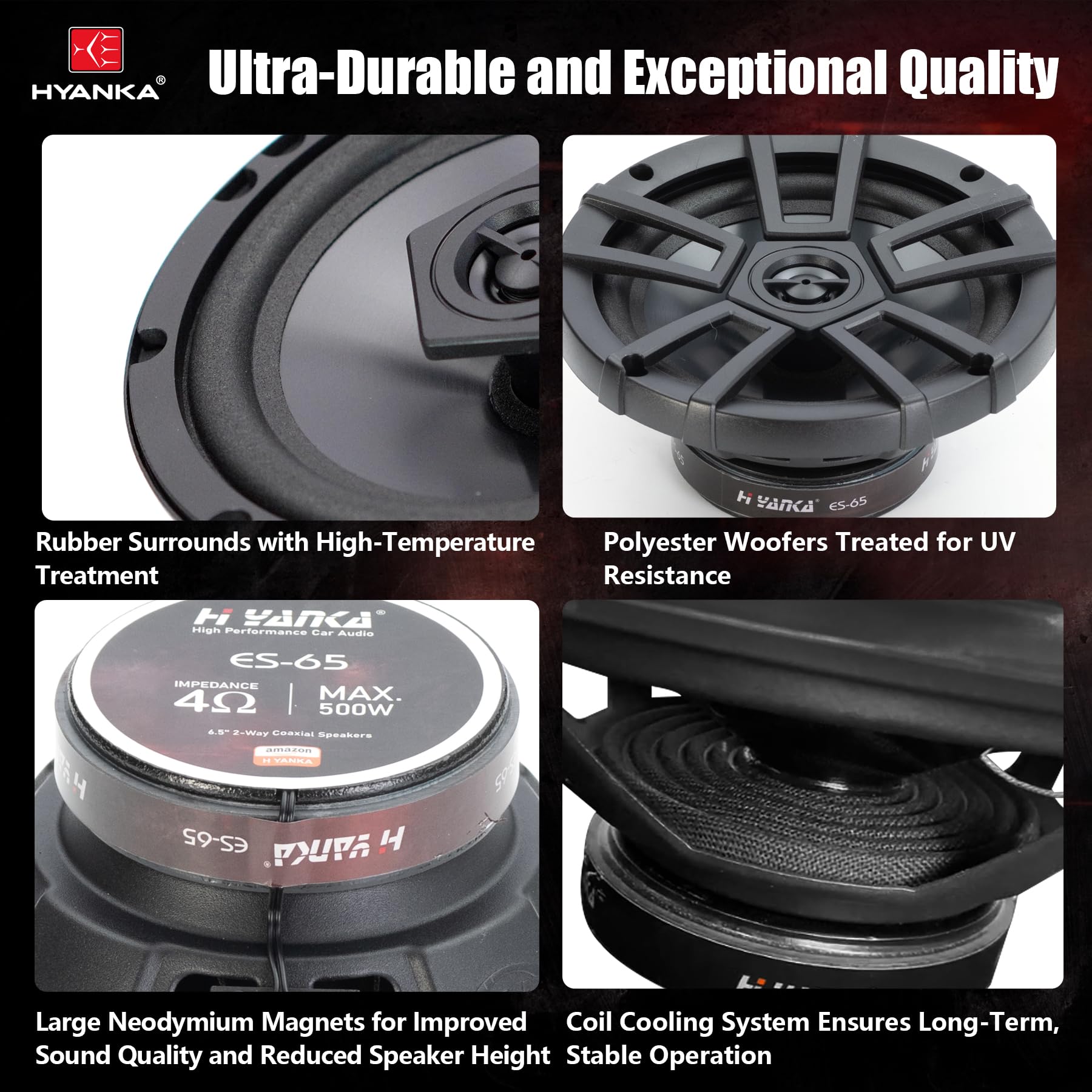 H Yanka 6.5 Door Speakers, Full Range Stereo, 500 Watts, 2 Way Coaxial 6.5 Inch Car Speakers, Delivering Clear Stereo Sound With