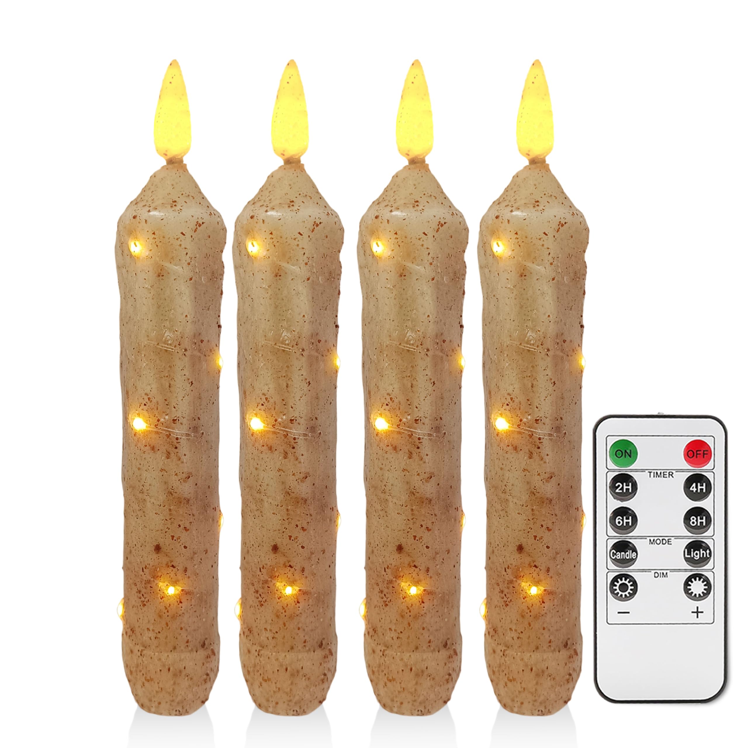 NjaoHoo 6.5 Inches Primitive Real Wax LED Flameless Khaki Short Candlesticks Hand Dipped Battery Operated Taper Candles with Tim