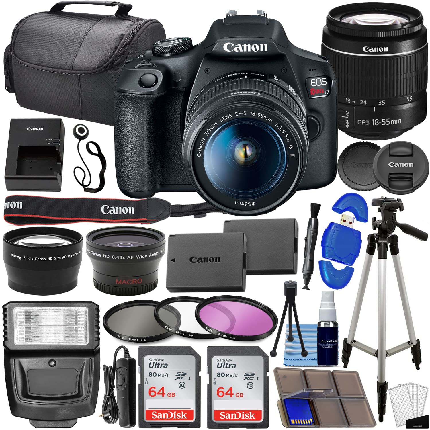 Canon EOS Rebel T7 DSLR Camera Bundle w/ Canon EF S 18 55mm f/3.5 5.6 is II Lens + 2pc SanDisk 64GB Memory Cards, Wide Angle Lens, Telephoto Lens, 3pc Filter Kit + Accessory Kit
