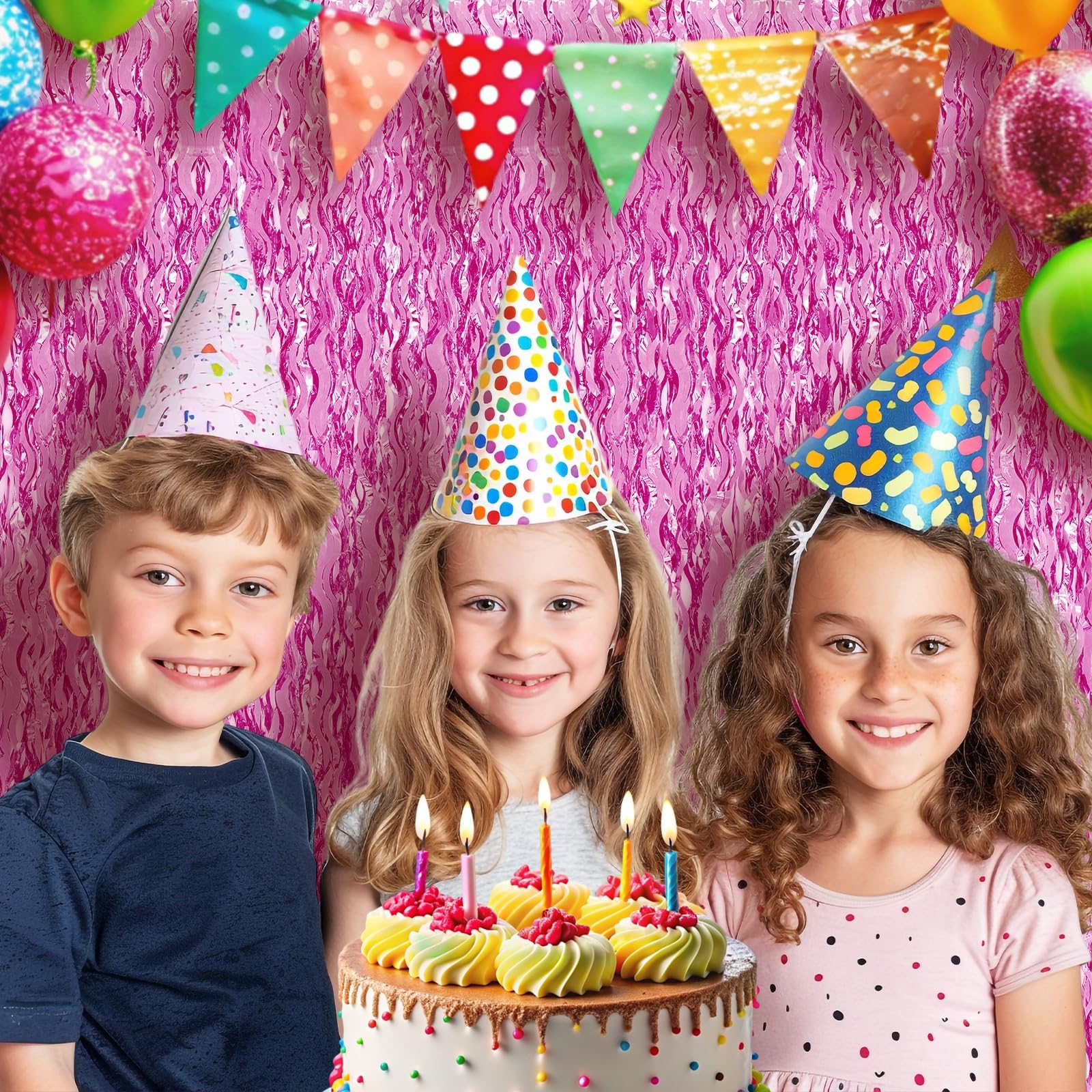 Pigetale 2 Pack 3.2X6.5 Feet Wavy Pink Foil Fringe Backdrop Curtains, Tinsel Streamers Princess Party Decorations Photo Booth Pr