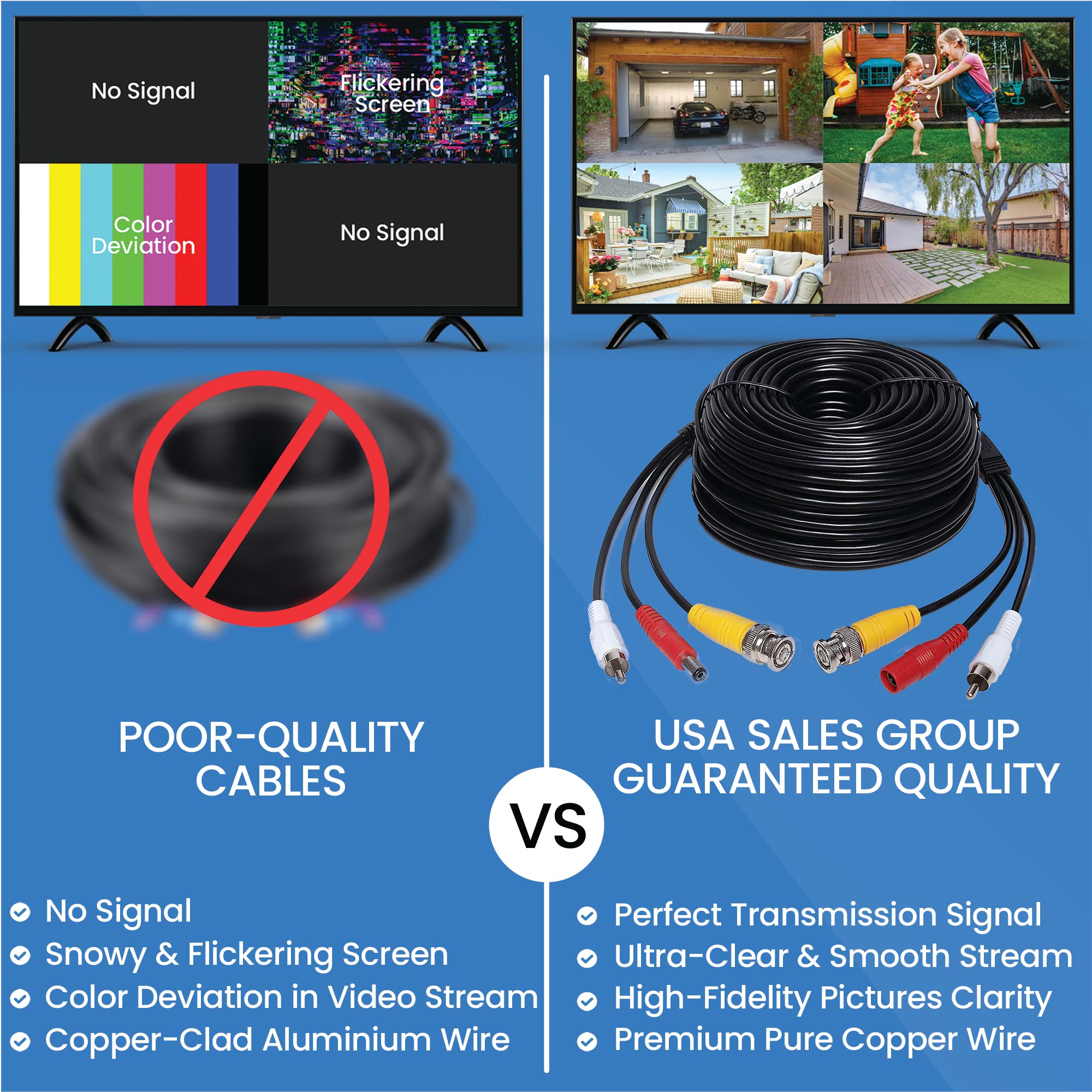 Usa Sales Group 100Ft Hd Audio Video Power Security Camera Cable Copper For Cctv Dvr Surveillance System, Wire Rca Cord Extensio