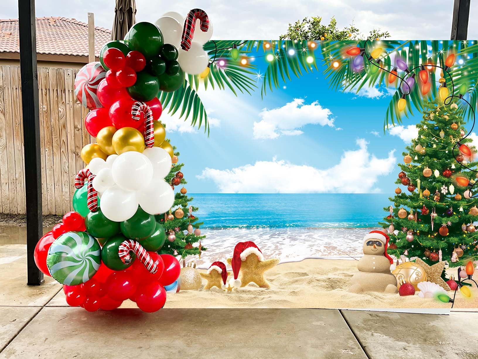July Christmas Backdrop 7X5Ft Summer Beach Christmas Tree Decoration Photography Background Tropical Hawaiian Party Supplies Pho