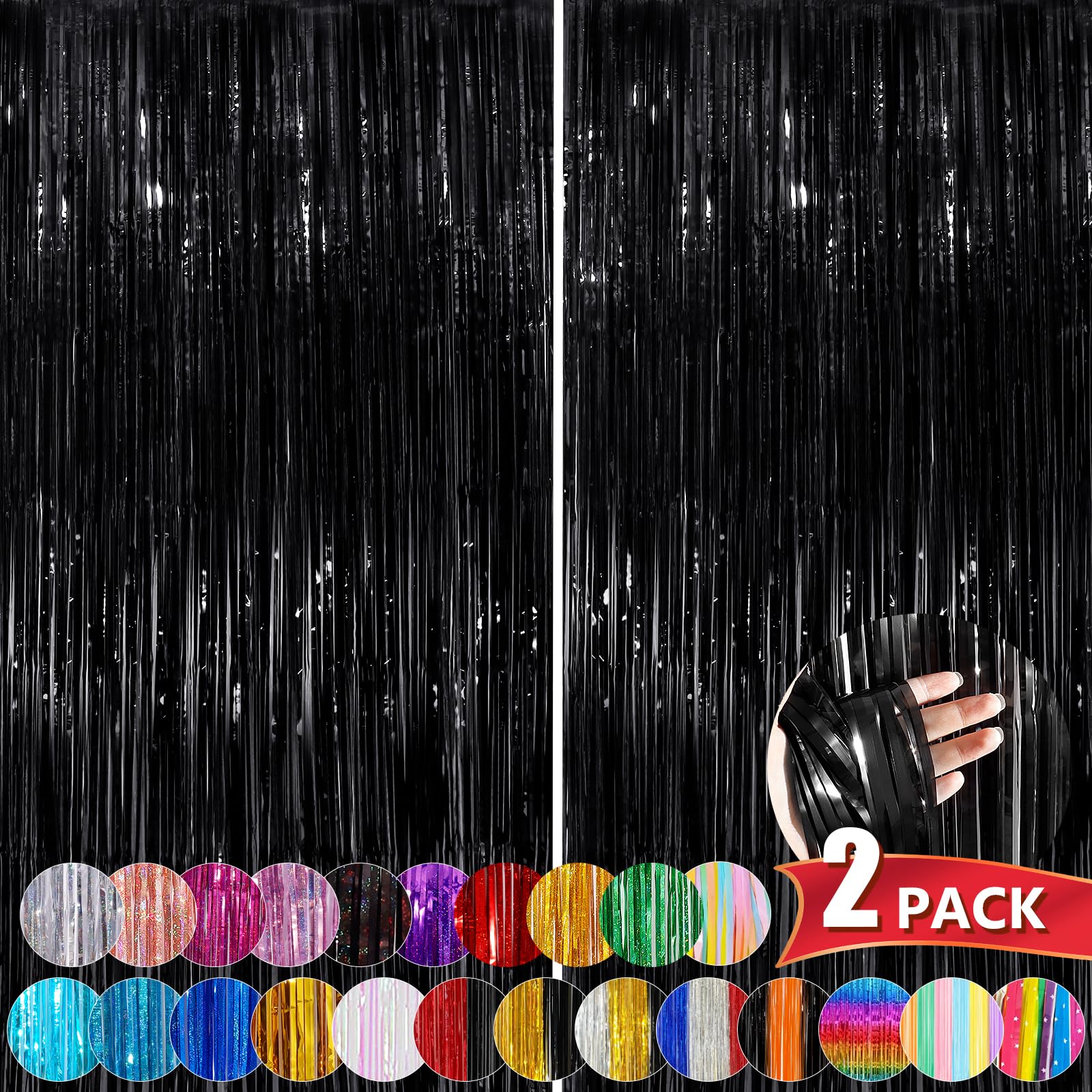 Black Metallic Tinsel Foil Fringe Curtains, 2 Pack 3.3X8.3 Feet Party Streamer Curtains For Birthday Party Decorations, Hallowee