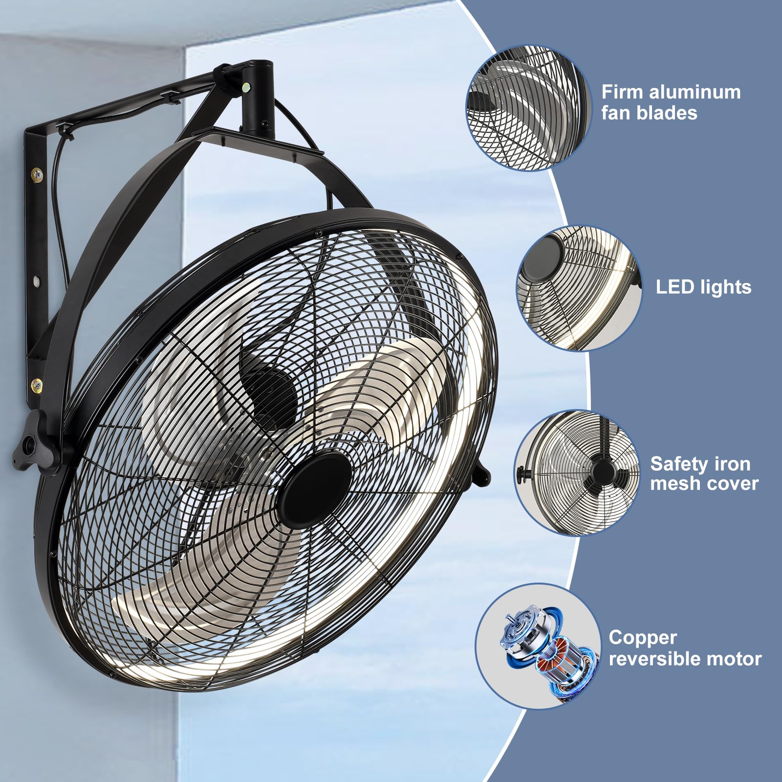 Ahawill 16 Inch Wall Mount Fan With Lights And Remote,6-Speed Gazebo Ceiling Fan Adjustable Tilt Dimmable Wall Fan,High Velocity
