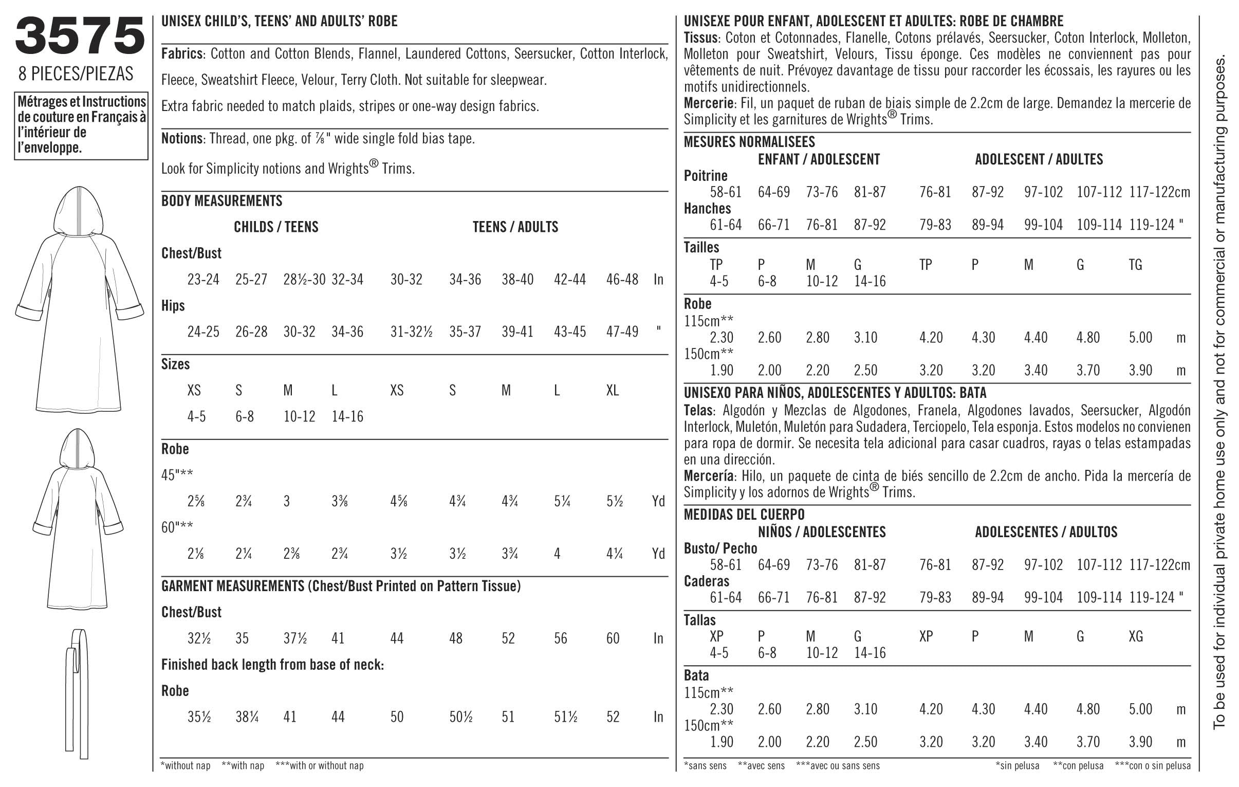 Simplicity Easy To Sew 3575 Bathrobe Sewing Pattern For Adults And Children, Xs L And Xs Xl