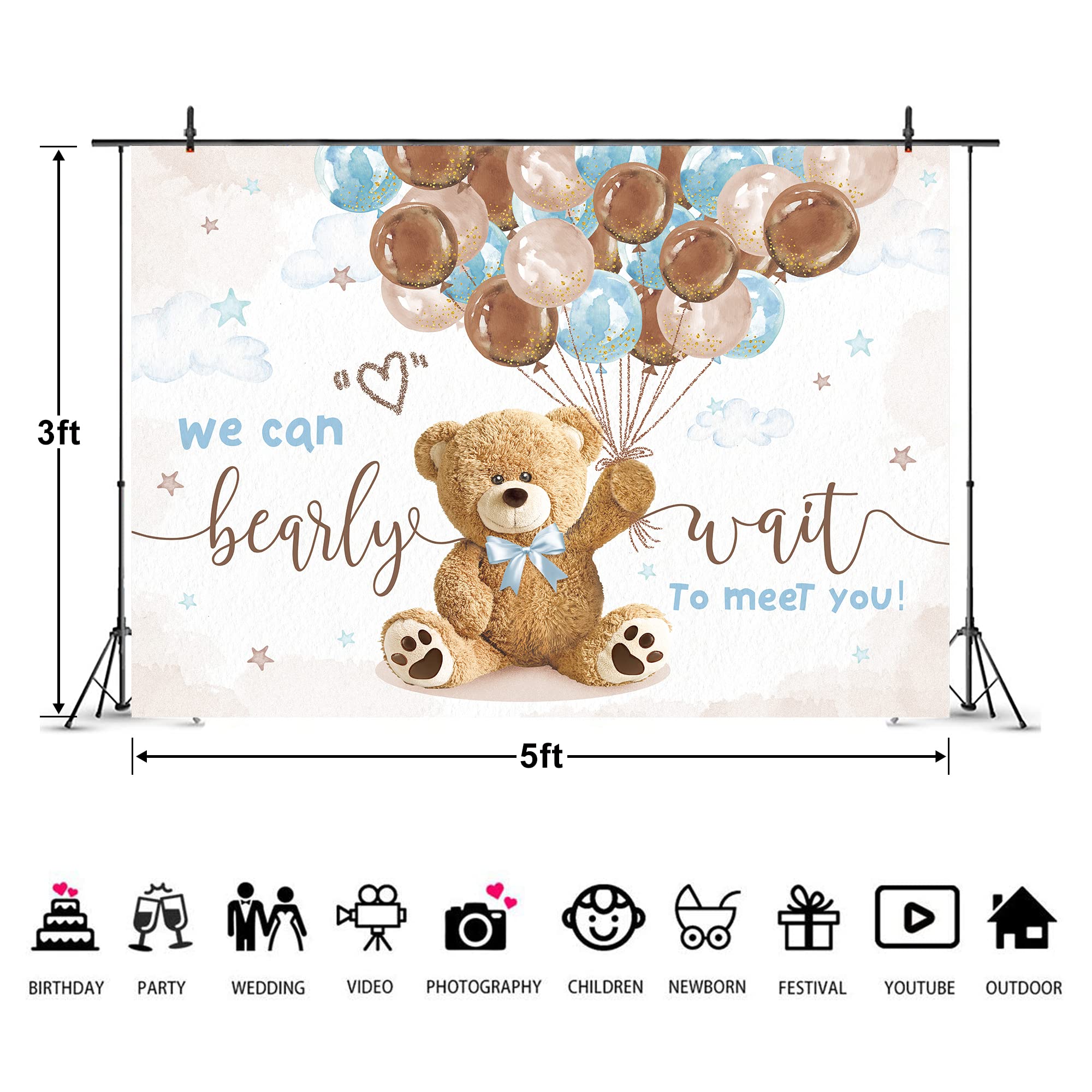 Imirell Bear Baby Shower Backdrop 5Wx3H Feet We Can Bearly Wait Brown Blue Balloons Cartoon Kids Boys Cute Polyester Fabric Wate