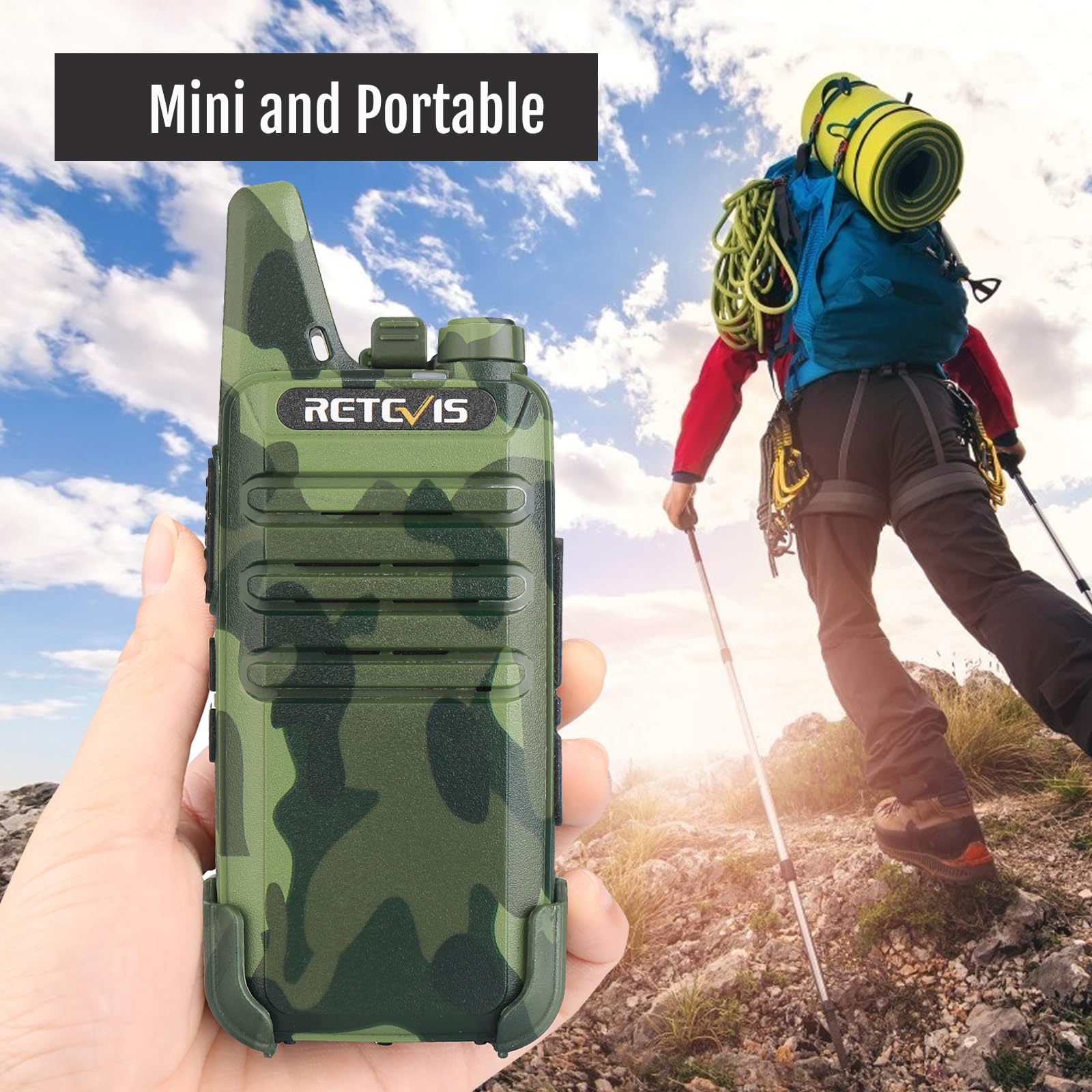 Retevis Rt22 Walkie Talkies For Adults, Two Way Radio Long Range Rechargeable, Portable Two Way Radios, Mini, Vox Handsfree, For Kids Family Camping Hiking Road Trip Adventure (2 Pack, Camouflage)