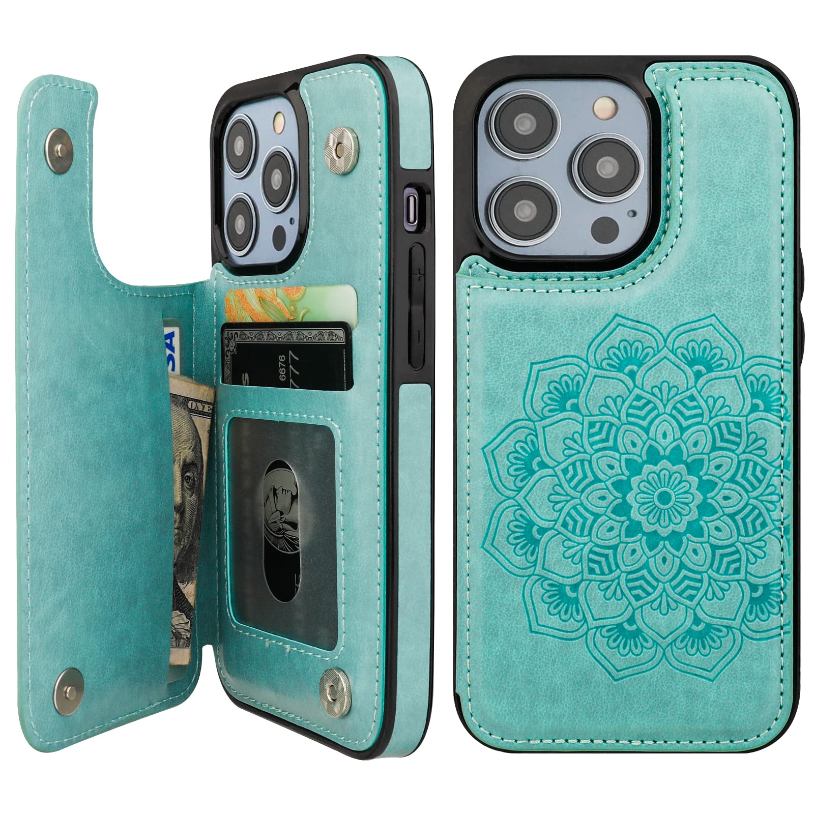 Vaburs Compatible With Iphone 14 Pro Case Wallet With Card Holder, Embossed Mandala Pattern  Flower Pu Leather Double Buttons Fl