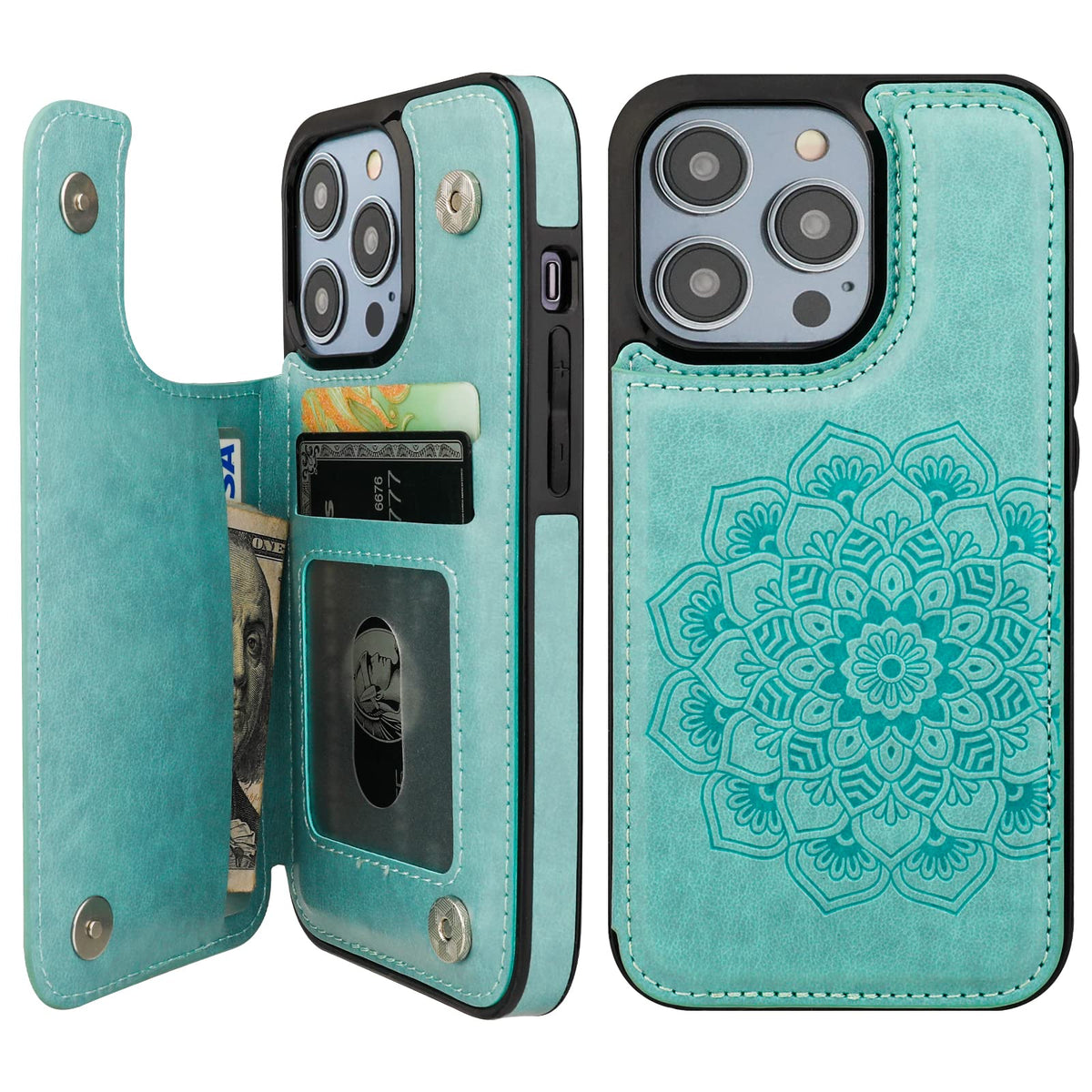 Vaburs Compatible With Iphone 14 Pro Case Wallet With Card Holder, Embossed Mandala Pattern  Flower Pu Leather Double Buttons Fl