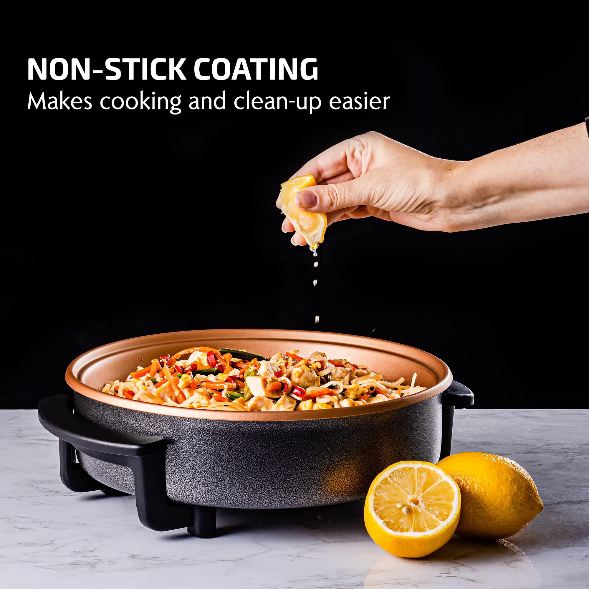 Ovente 12 Inch Electric Skillet And Frying Pan With Nonstick Coating, 1400W Power, Adjustable Temperature Control, Tempered Glas