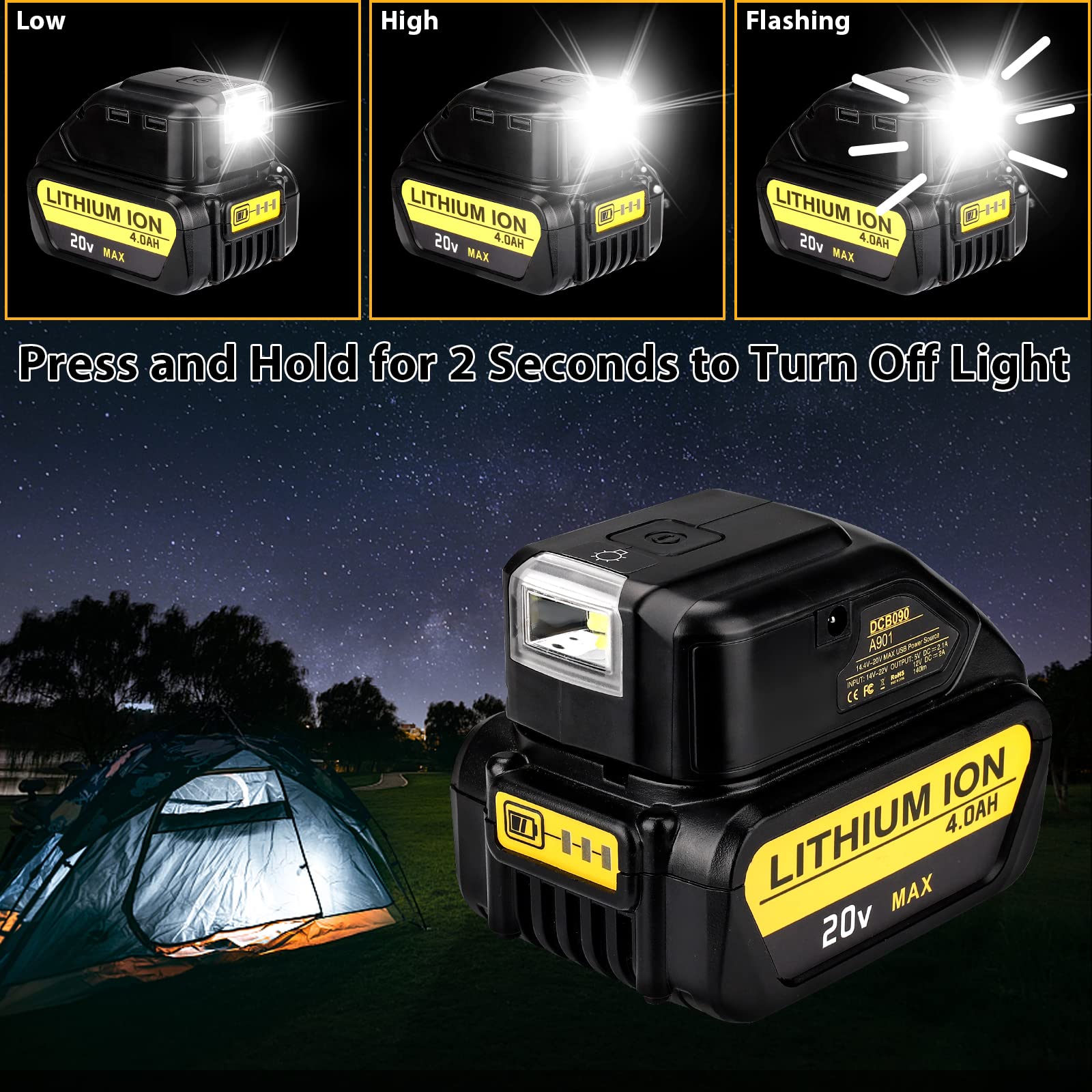 Battery Adapter For Dewalt 20V Battery Usb Phone Charger, Led Work Light With Dual Usb Charger And 12V Dc Port,Power Source Supp