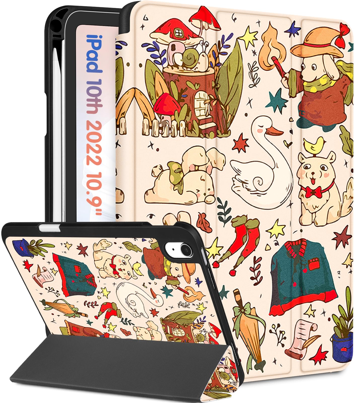 Wazzasoft For Apple Ipad 10Th Generation Case 10.9 Inch Cute Women Girls Kids Folio Cover Girly Kawaii Teens Cartoon Design Penc