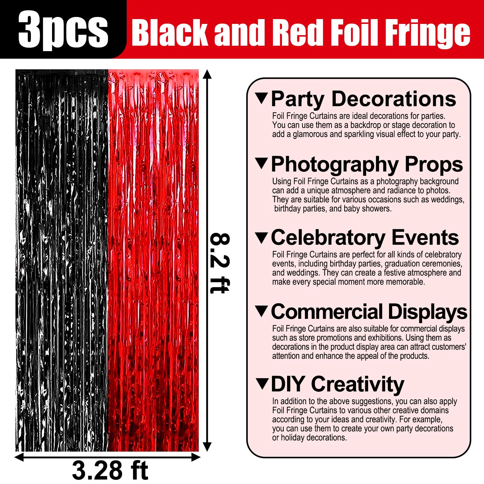 3 Pack Black Red Foil Fringe Curtain Backdrop, 3.28Ft X 8.2Ft Metallic Tinsel Foil Fringe Streamer Curtains For Photo Booth, Val