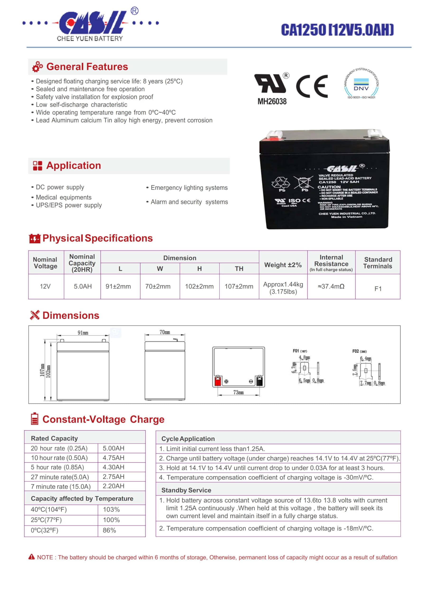 Casil Genuine Ca1240 12V 4Ah Sla Upgrade To Genuine Ca1250 12V 5Ah Alarm Battery