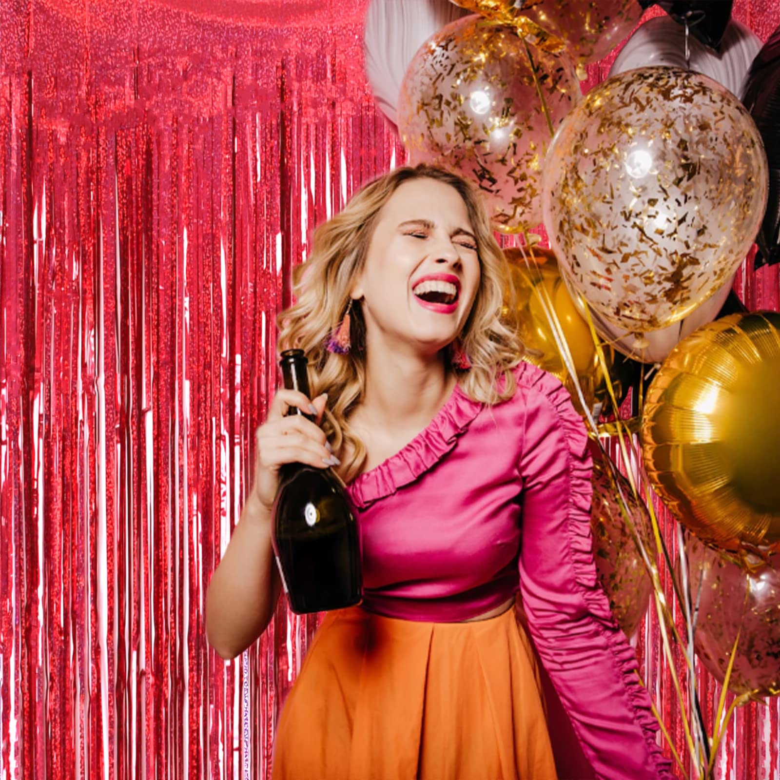 2 Pack 3.2Ft X 8.2Ft Red Foil Fringe Curtain, Glitter Metallic Tinsel Foil Fringe Curtains Photo Booth Backdrop Tinsel Door Curt