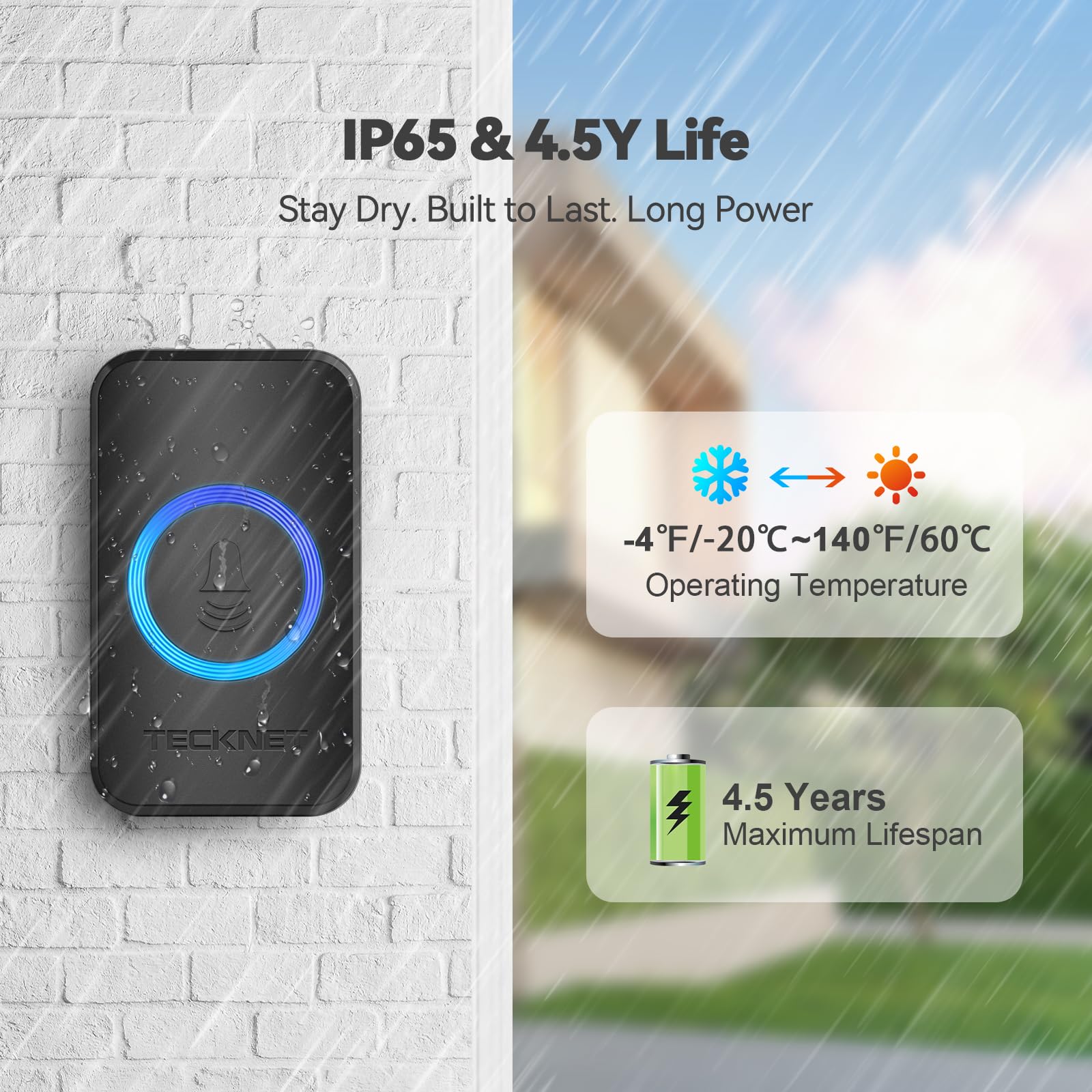 Tecknet Wireless Doorbell With 2 Plug In Receivers, Ip65 Waterproof Doorbells For Home With Rgb Light, 1300Ft Operating Range, 6