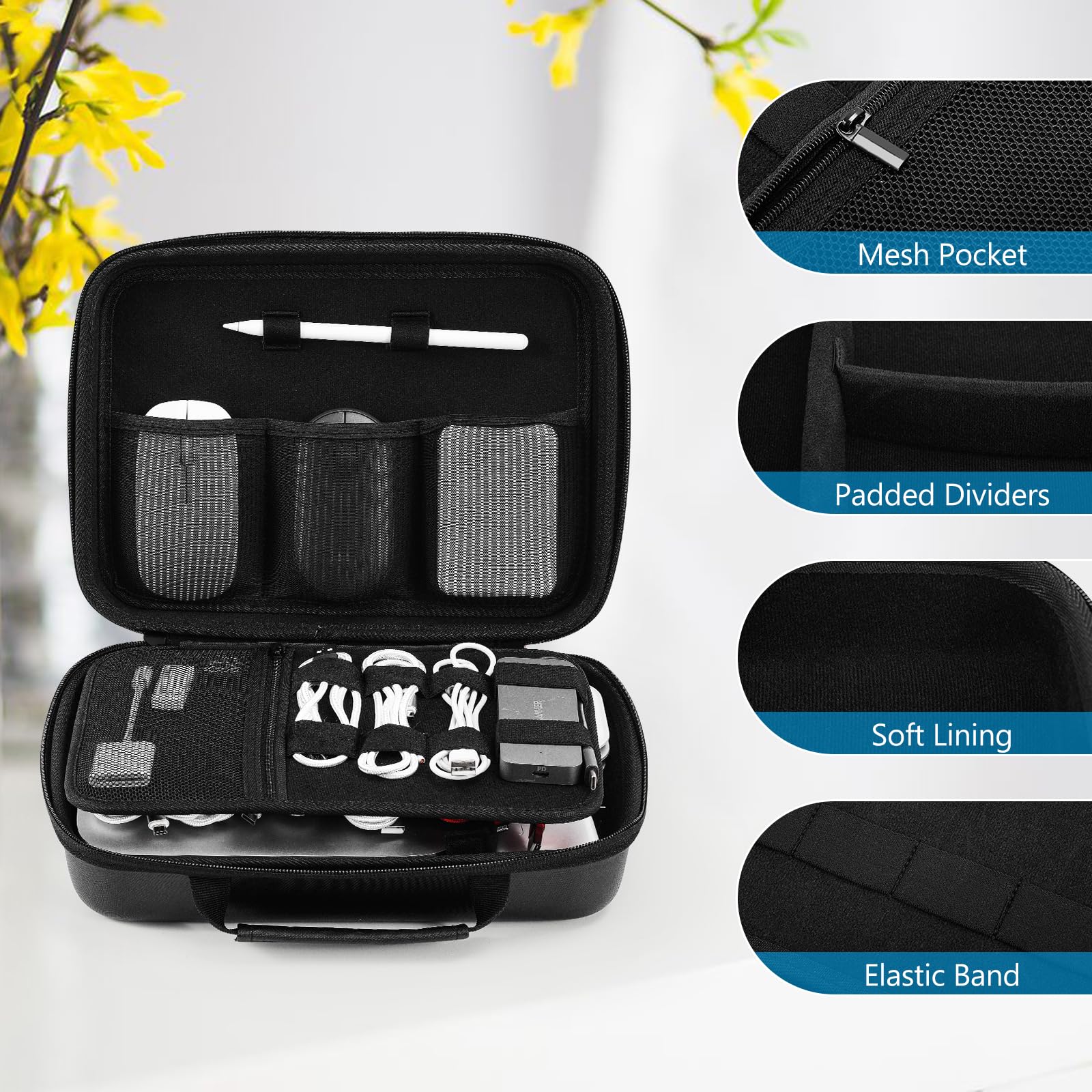 Procase Hard Travel Electronic Organizer Case For Macbook Power Adapter Chargers Cables Power Bank Apple Magic Mouse Apple Pencil Usb Flash Disk Sd Card Small Portable Accessories Bag  Xl, Black