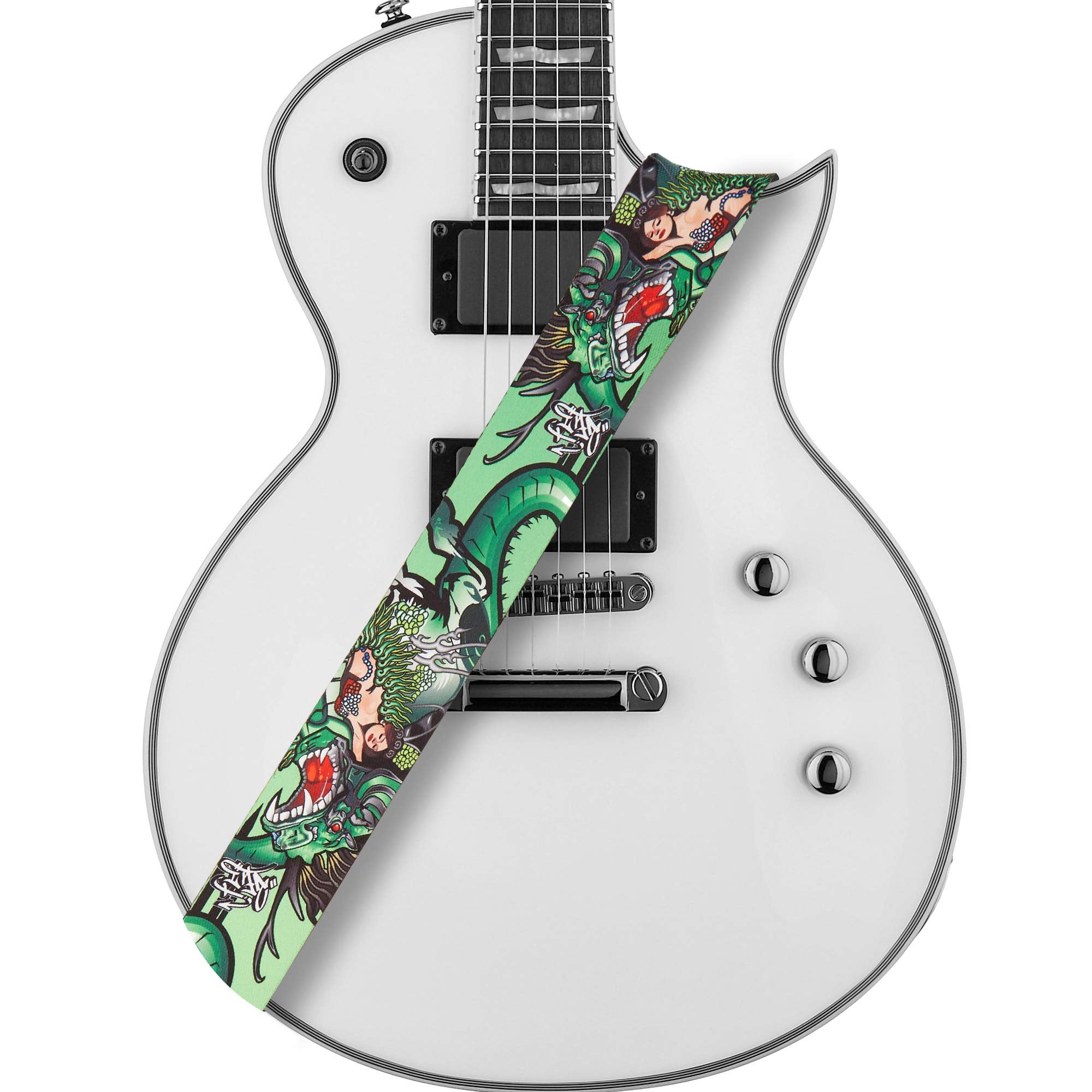 Amuum Guitar Strap Polyester Cotton for Acoustic, Electric, and Bass Guitars with Strap Blocks & Headstock Strap Tie, Dragon Gir