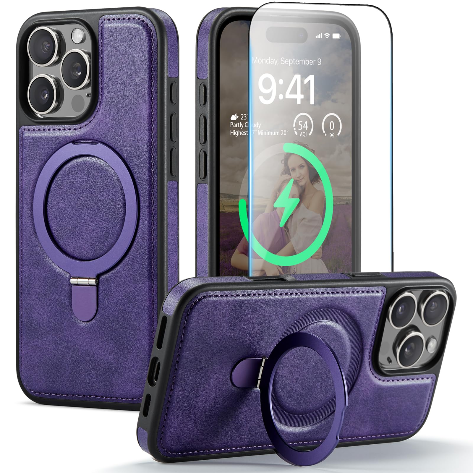 CHEEWADA for iPhone 16 Pro Max Case with Stand Compatible with Magsafe Slim PU Leather & Rubber Drop Proof Magnetic Kickstand Pr