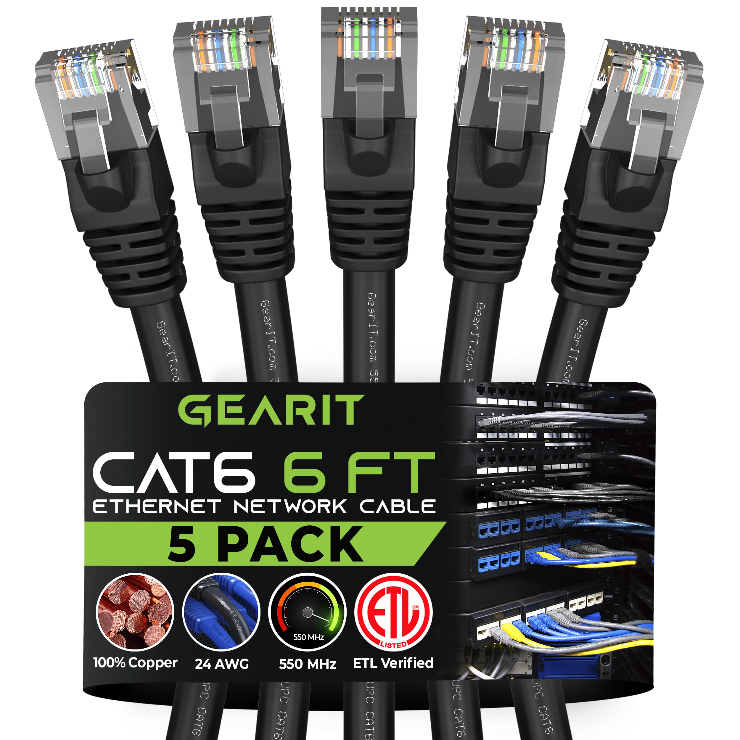 Gearit 5 Pack, Cat 6 Ethernet Cable Cat6 Snagless Patch 6 Feet   Snagless Rj45 Computer Lan Network Cord, Black   Compatible Wit