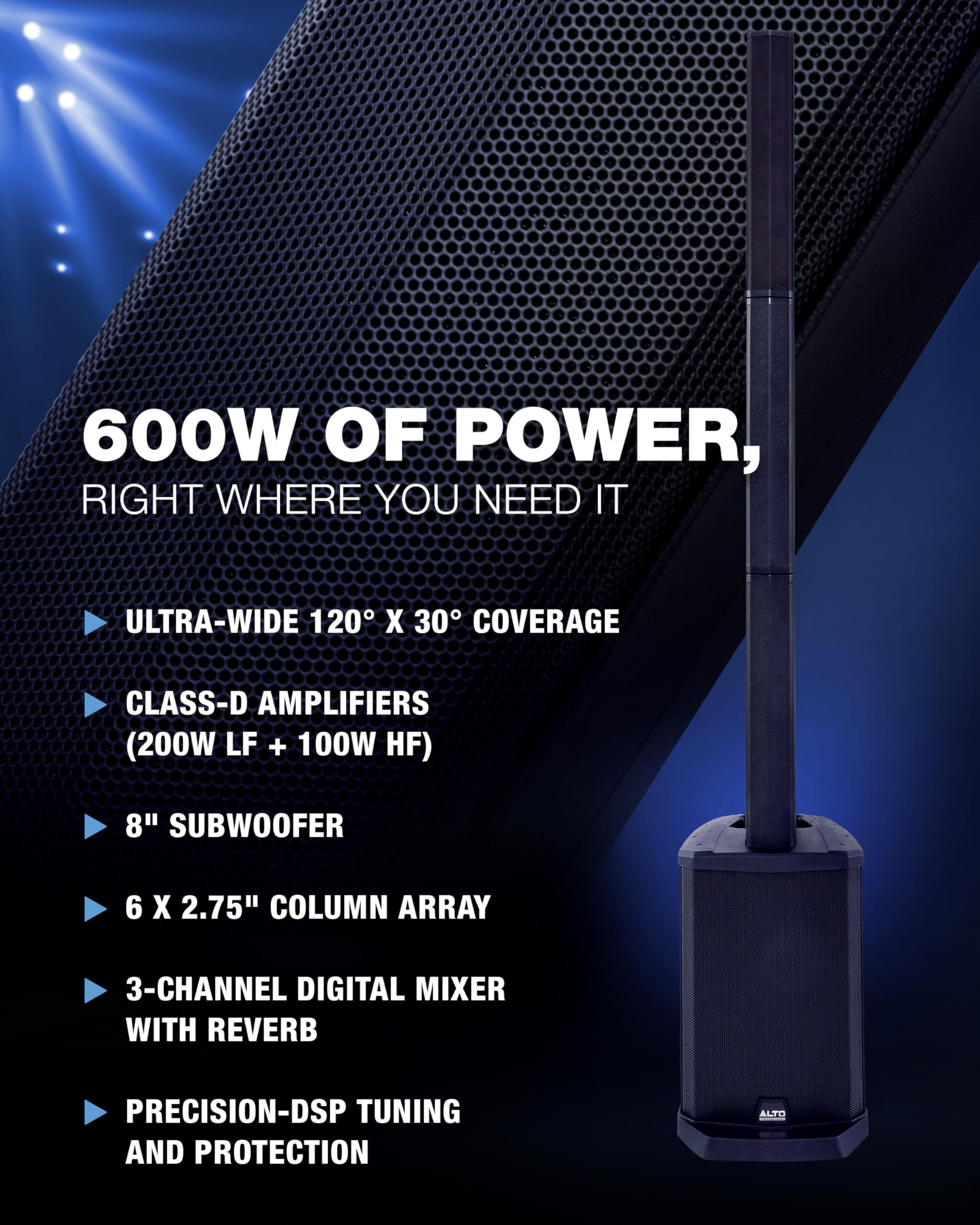 Alto Ts108C 600W Powered Column Array Pa Speaker System With 3-Channel Digital Mixer, Bluetooth And App Control For Solo Musicia