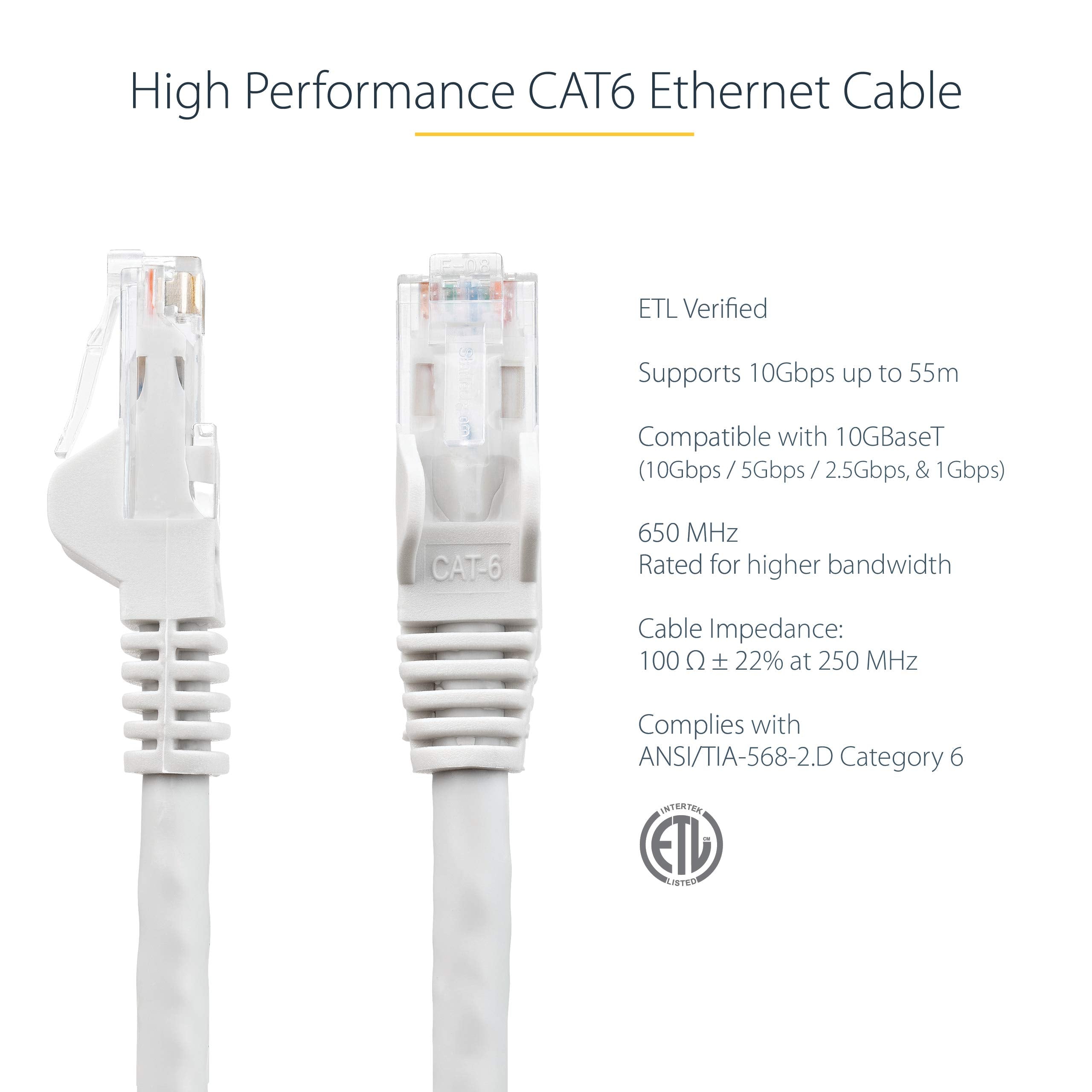 StarTech.com 150ft CAT6 Ethernet Cable   White CAT 6 Gigabit Ethernet Wire  650MHz 100W PoE RJ45 UTP Network/Patch Cord Snagless w/Strain Relief Fluke Tested/Wiring is UL Certified/TIA (N6PATCH150WH)