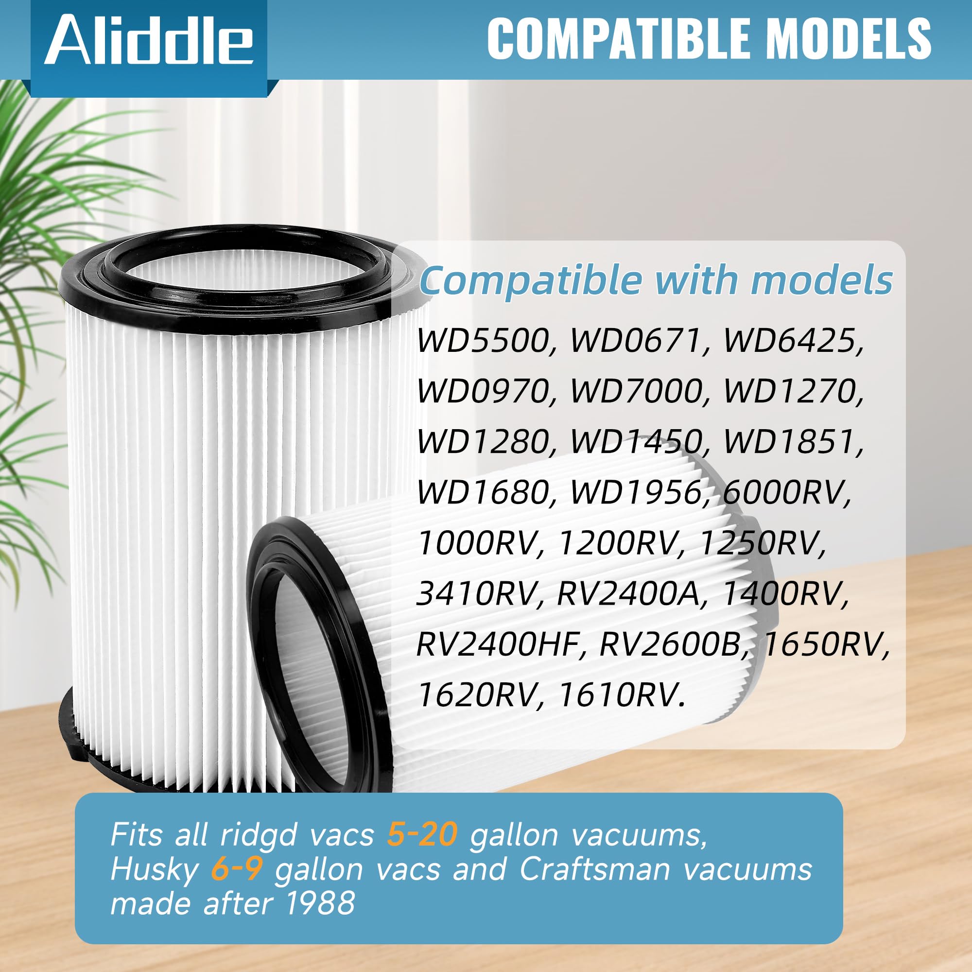 Aliddle Standard Wet Or Dry Vac Vf4000 Filter Replacement Compatible With Ridgd 5 20 Gallons Vacuum Cleaner, Husky 6 9 Gal Wd550