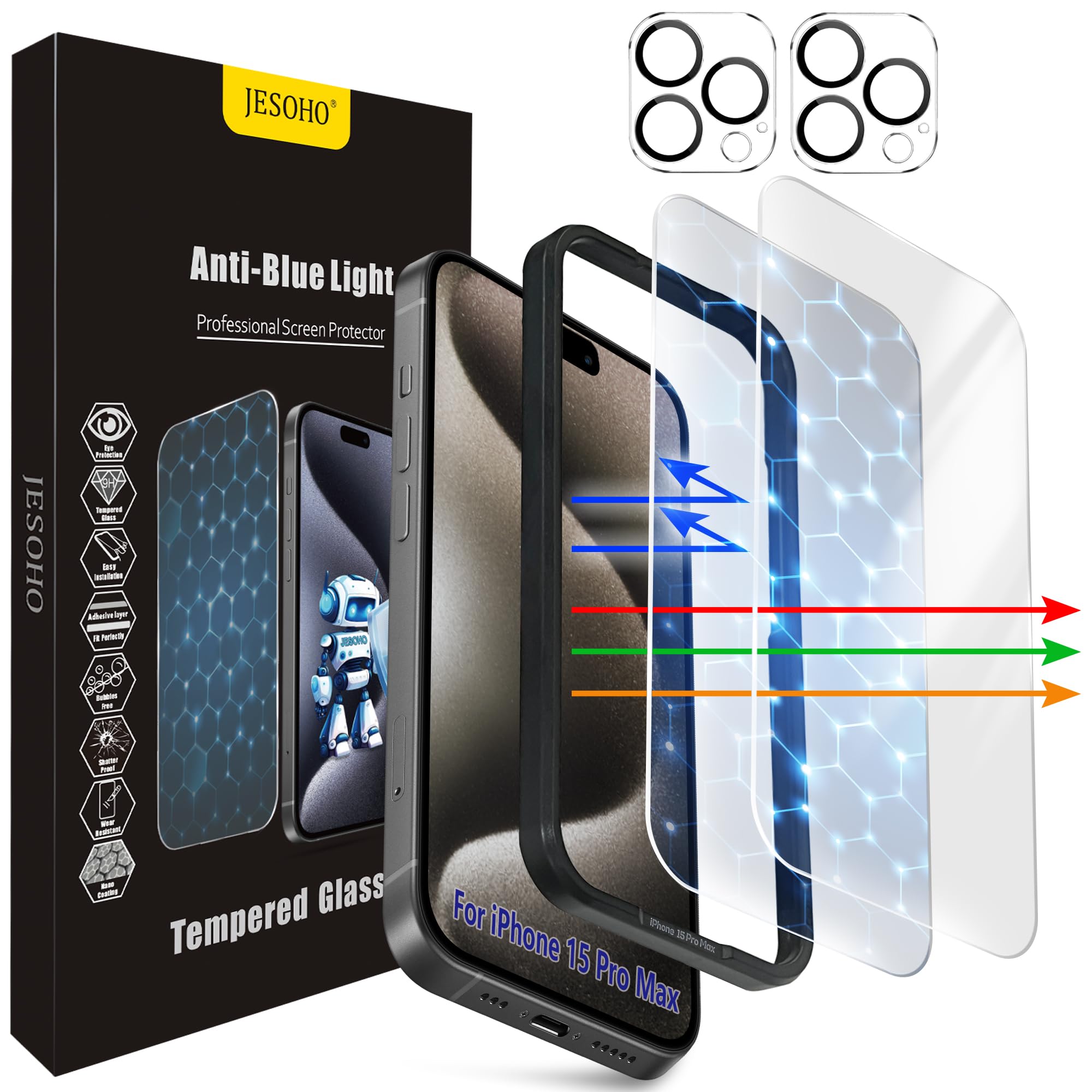 JESOHO Screen Protector for iPhone 15 Pro Max [6.7 Inch] 2 pcs colorless Anti-Blue Light Tempered Glass Films No Bubbles 9H Hard