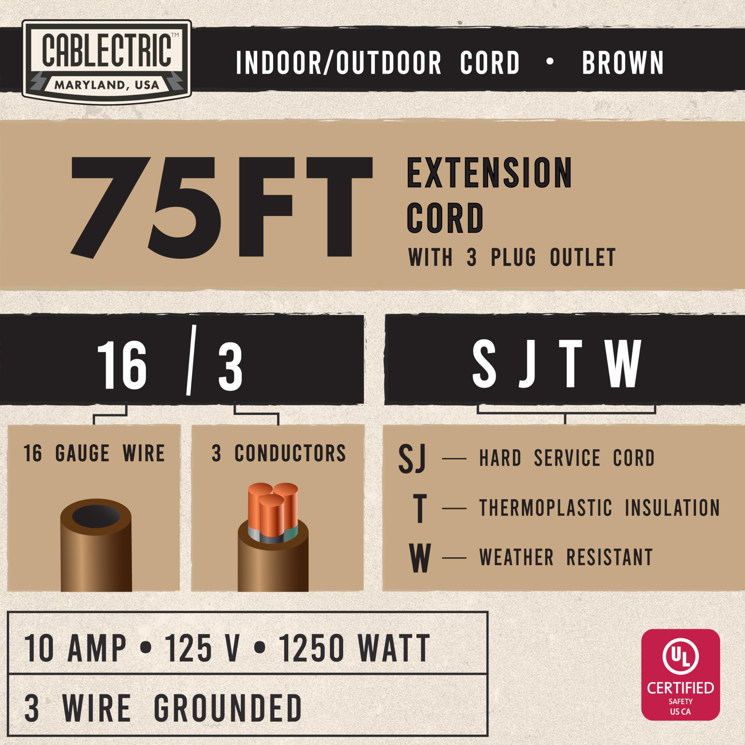 Cablectric 75 Ft Brown Outdoor Extension Cord 3 Outlet Triple Tap, 16/3 Sjtw Heavy Duty 16 Gauge Exterior Extension Cord With Mu