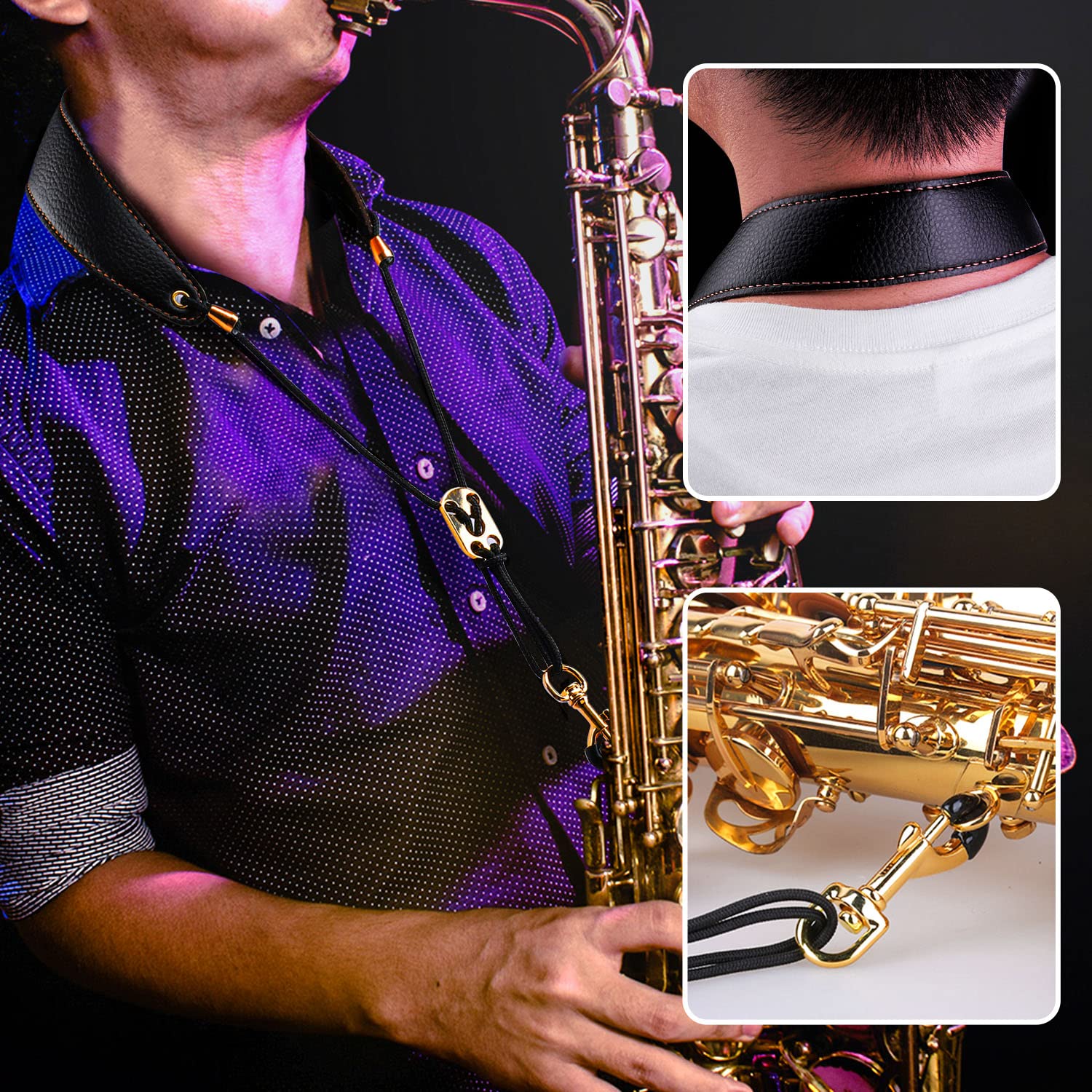 Facmogu Black Leather Sax Neck Strap, Premium Neck Padded Sax Strap For Baritone Alto Tenor Soprano Baritone, Adjustable Saxophone Neck Padded With Protective Metal Buckle