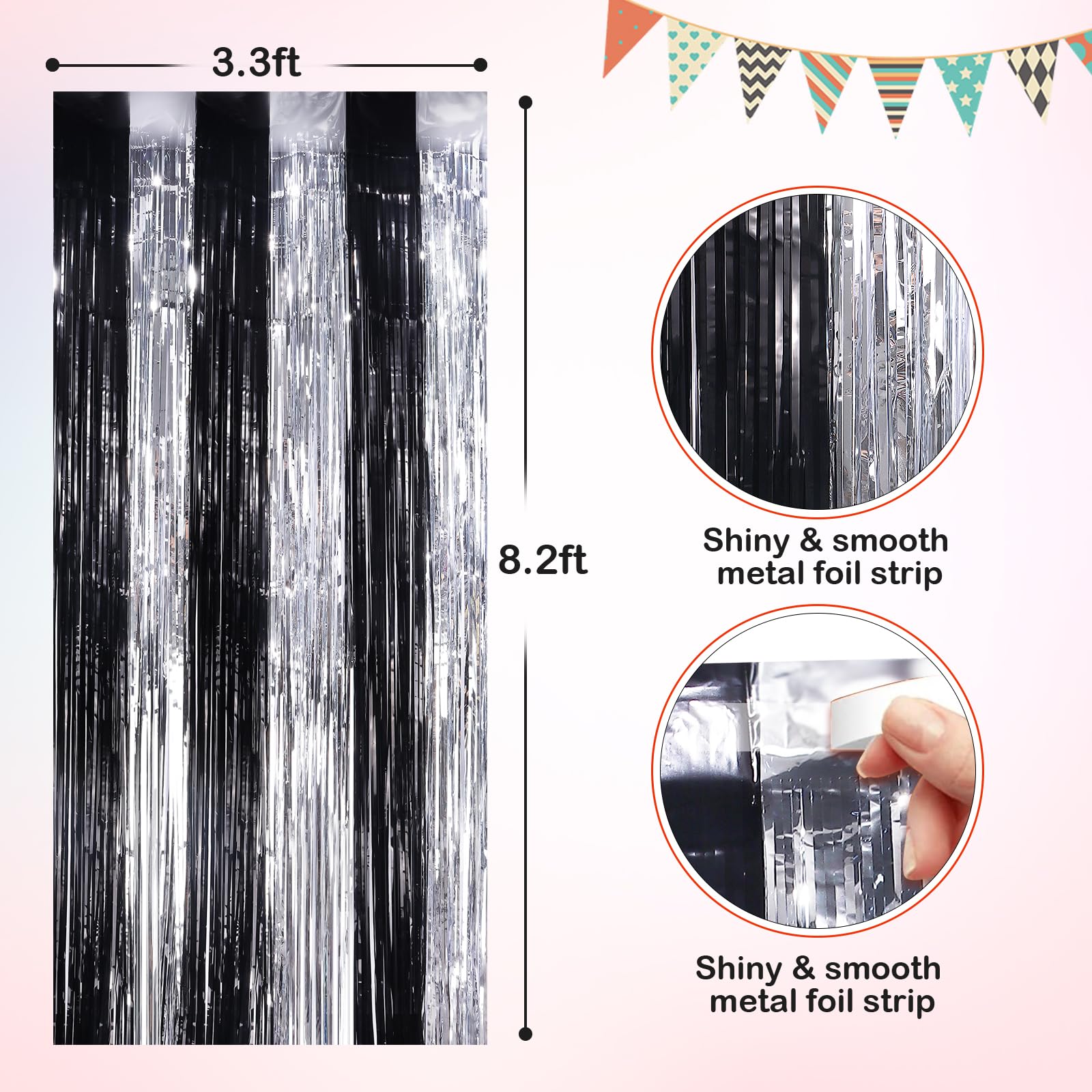 Black Silver Metallic Tinsel Foil Fringe Curtains, 4 Pack 3.3X8.3 Feet Party Streamer For Birthday Party Decorations, Halloween